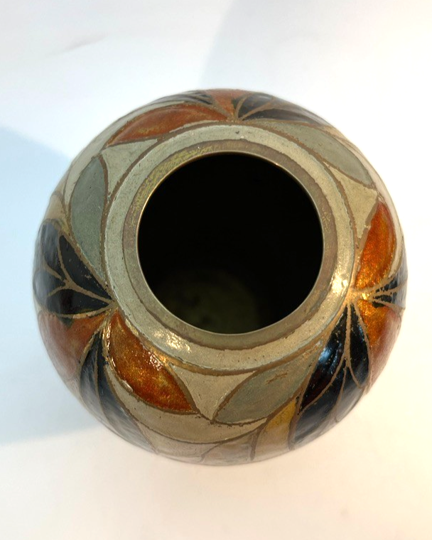 Vintage Hand Painted Brass & Ceramic Vase Art Deco Style Leaf Pattern 14cm