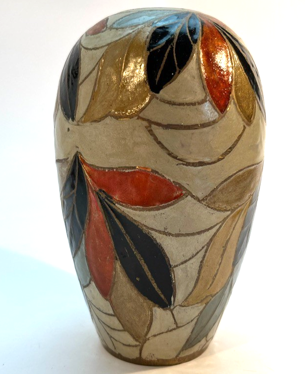 Vintage Hand Painted Brass & Ceramic Vase Art Deco Style Leaf Pattern 14cm