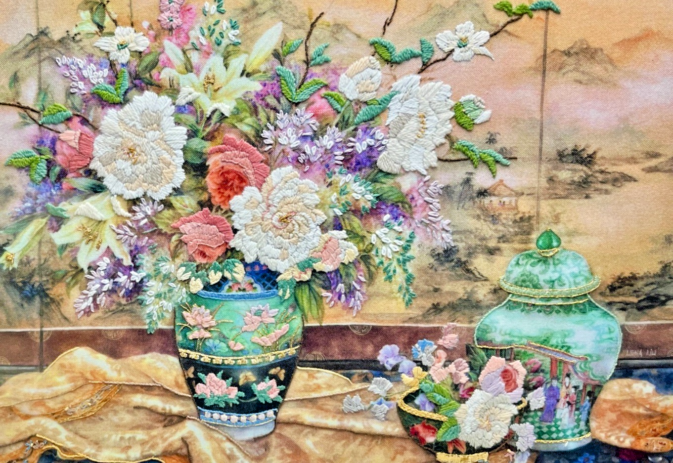Large Framed Lena Liu Chinese Silk Embroidery Signed Floral Still Life 50x64cm