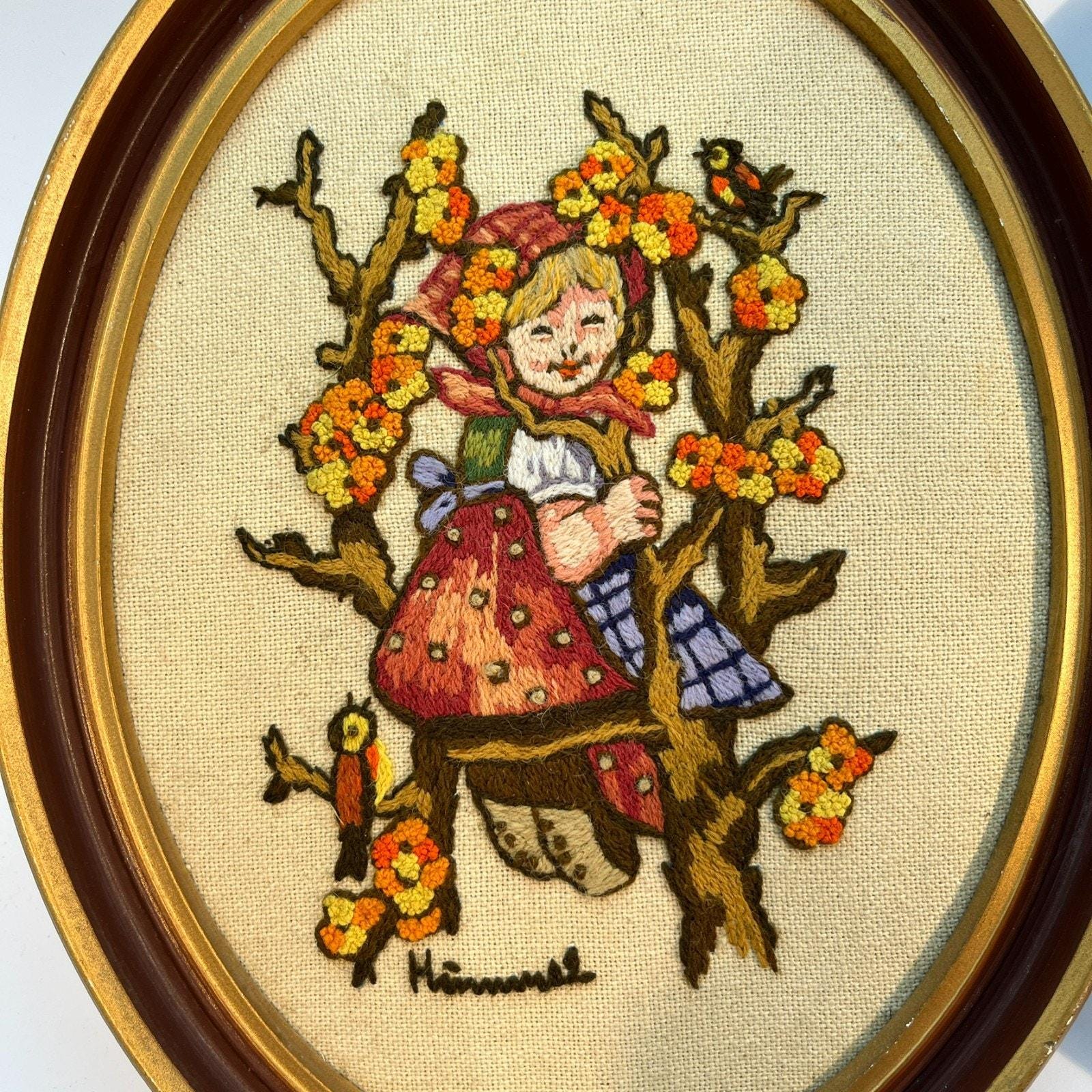 1970s Hummel Embroidery Framed Pictures. Vintage Needlepoint, German Wall Art