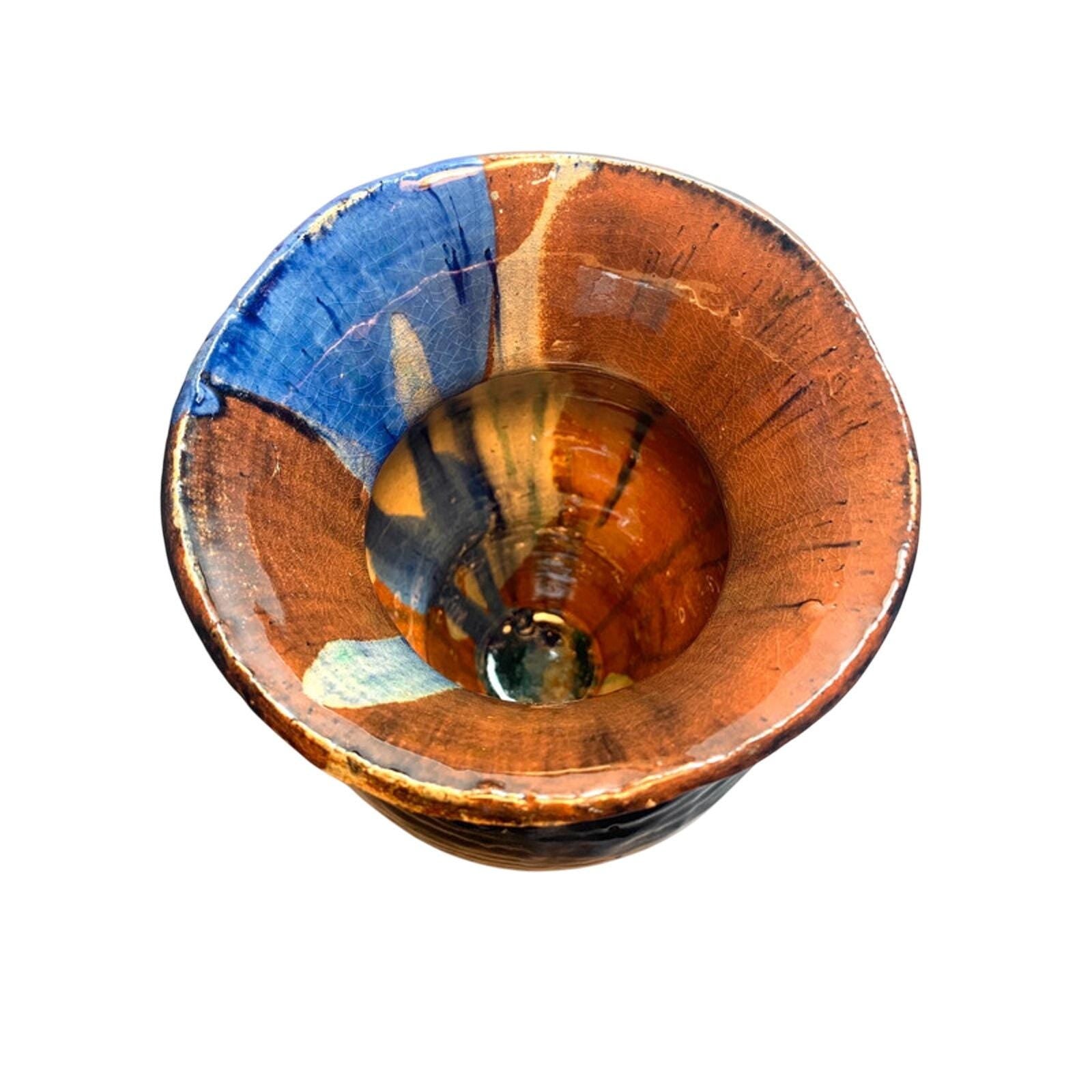 Vintage Handmade Pottery Vase: Blue Drip Glaze, Mid-Century Enamel