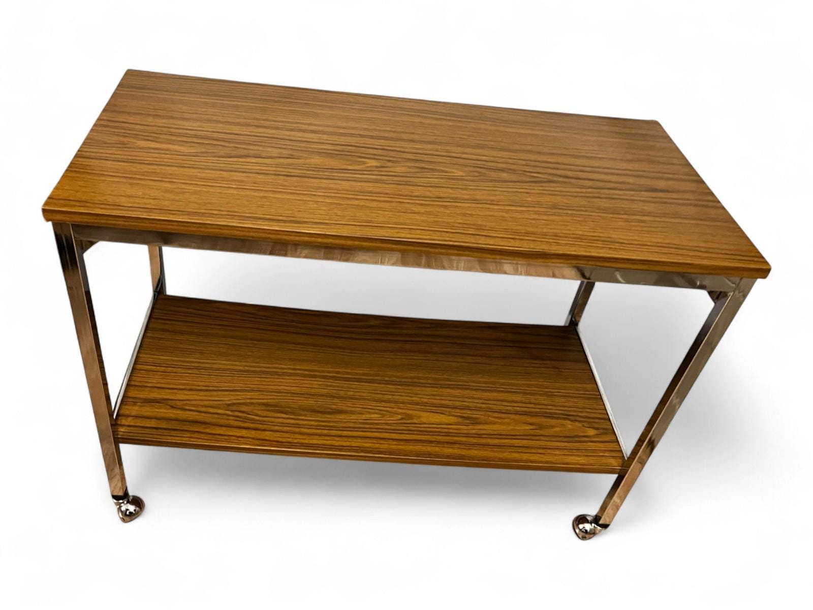Mid Century Chrome & Teak Effect Side Table / Drinks Trolley on Castors 80cm
