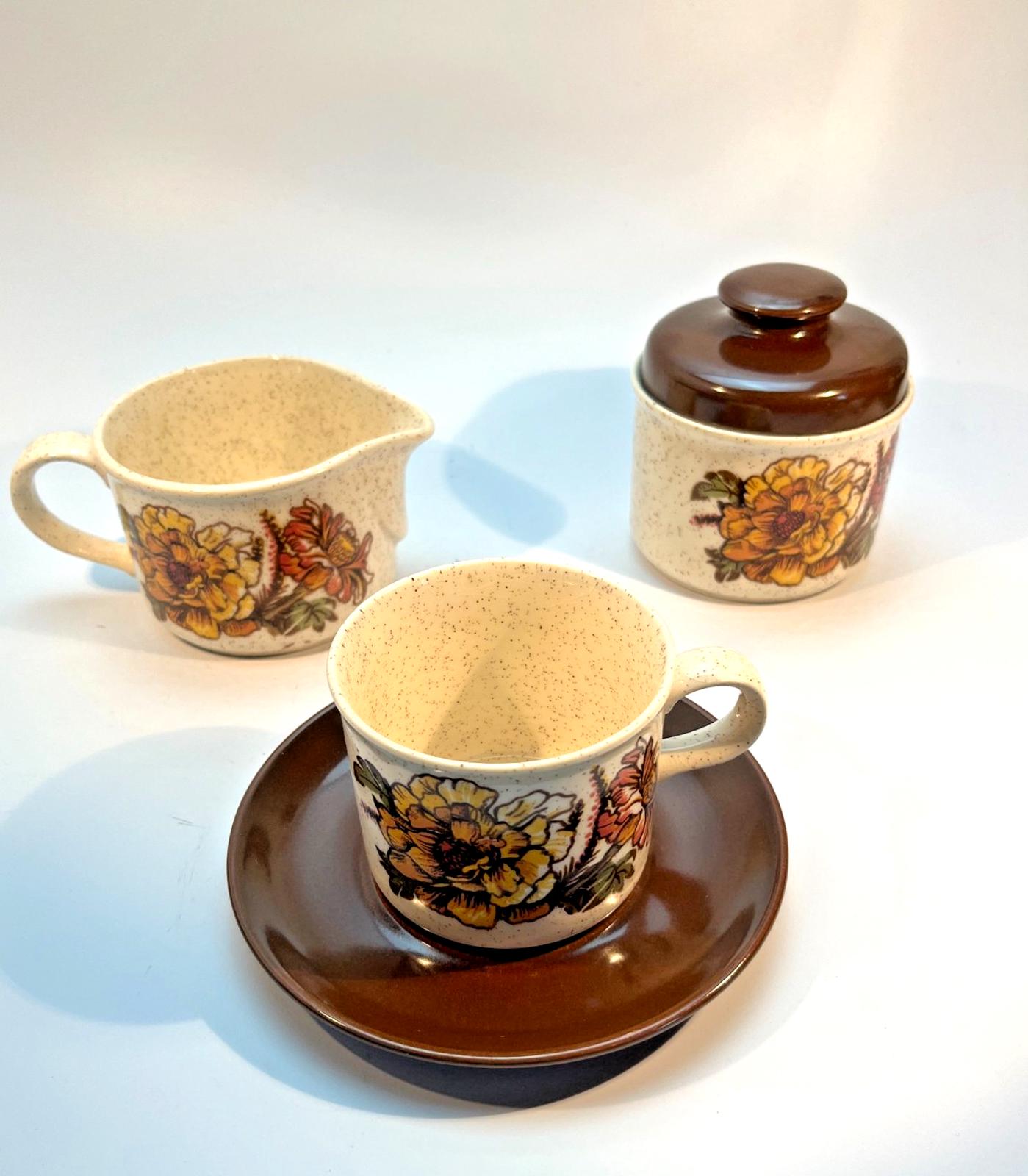4 Vintage Palissy Royal Worcester Charlotte Cups & Saucers, Milk Jug, Sugar Bowl