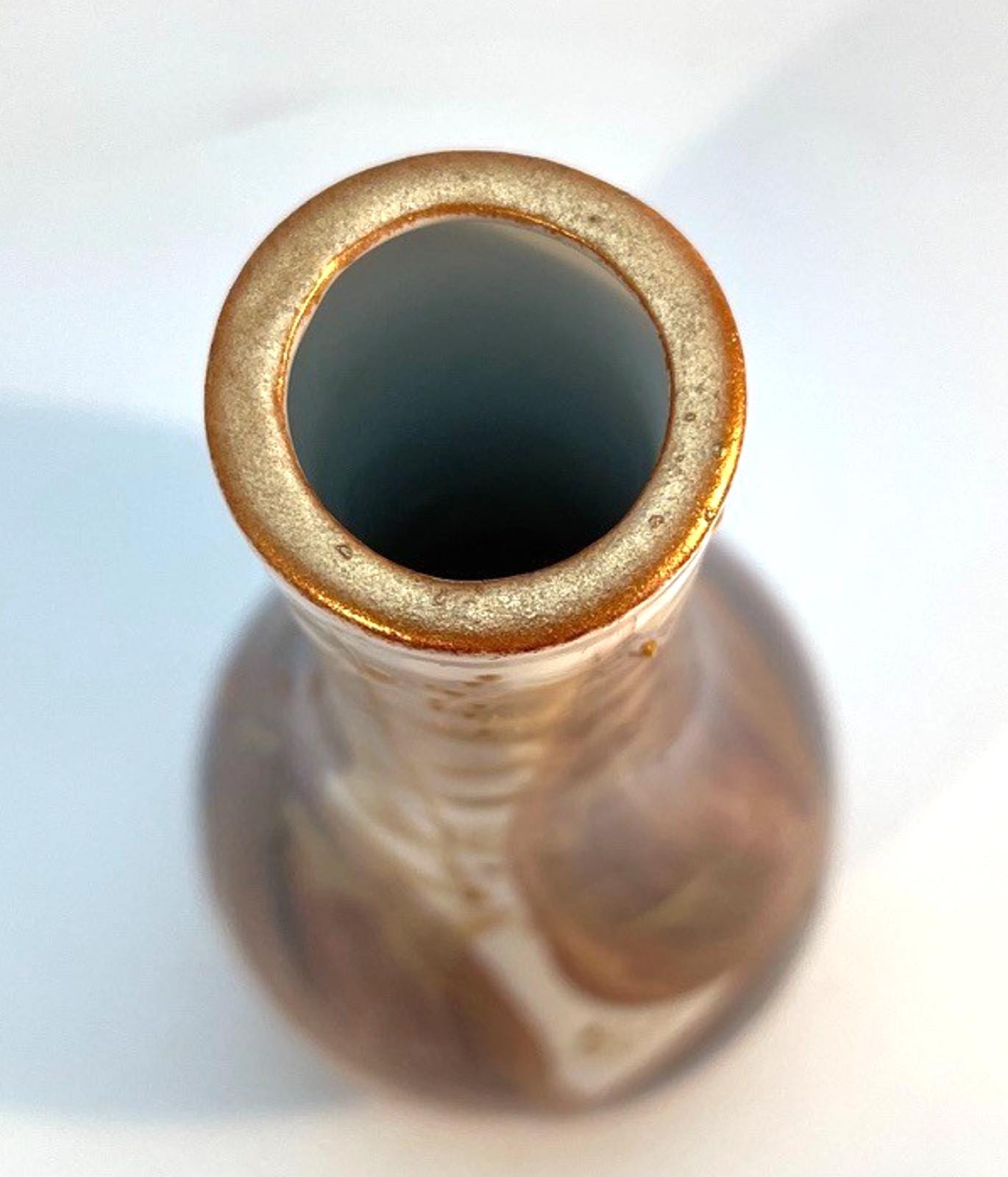 Vintage Hand Decorated Art Glass Vase – Brown & Gold Metallic Enamel, H20cm