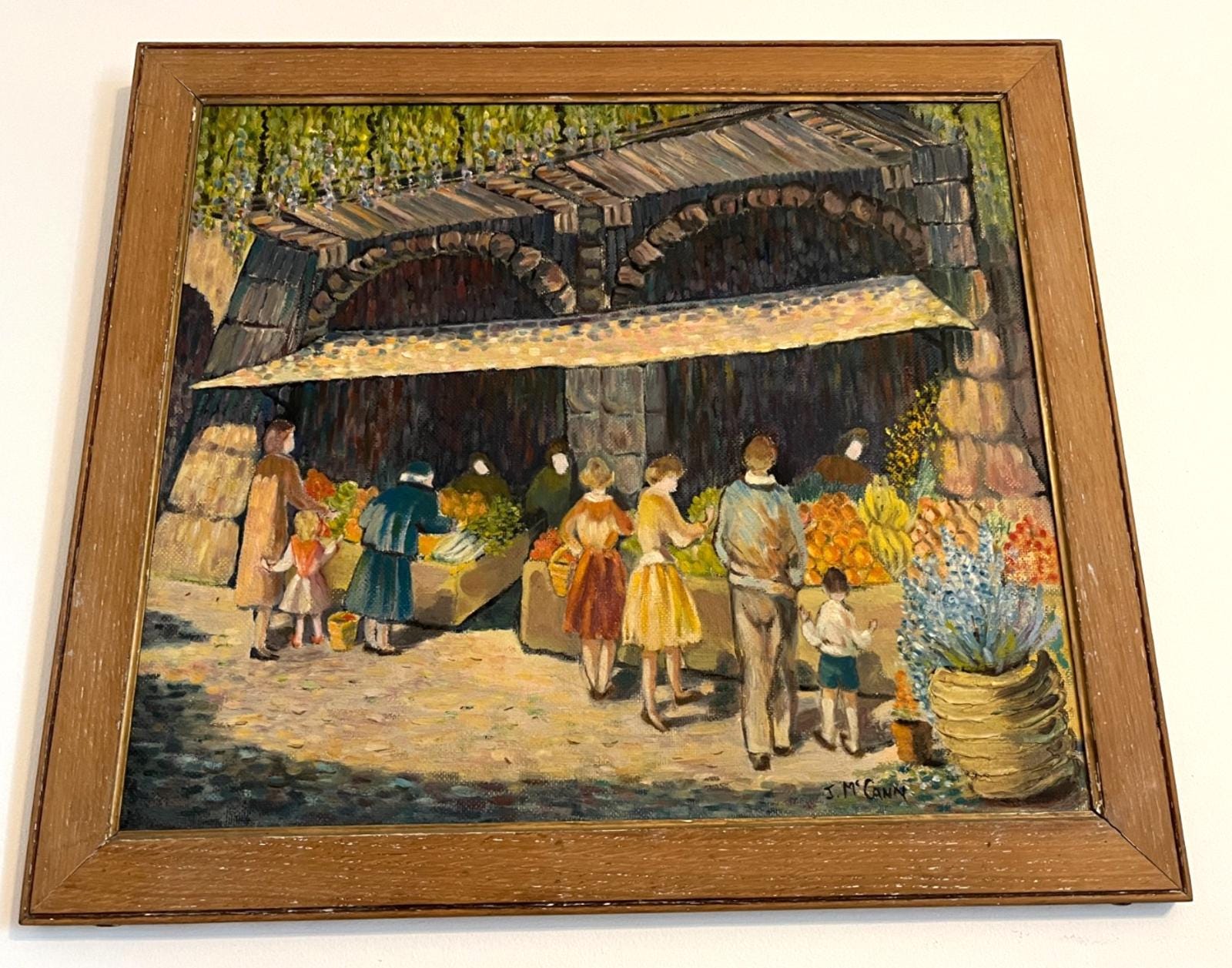 Vintage Oil Painting J McCann Market Scene Fruit Veg Stall Framed 65x57cm