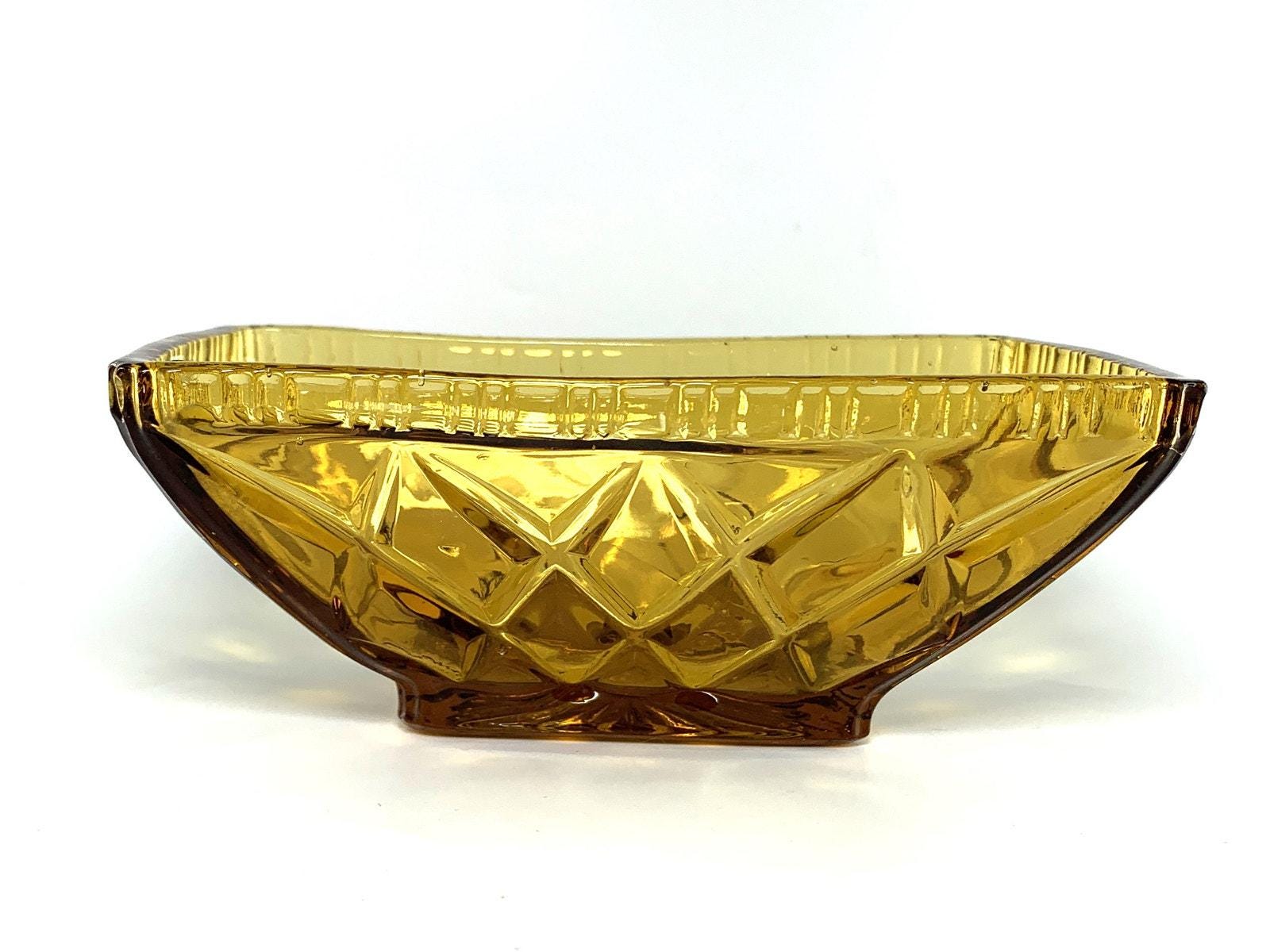 Amber Glass Decorative Bowl in Pale Amber. Depression Glass Dish, Pressed Glass