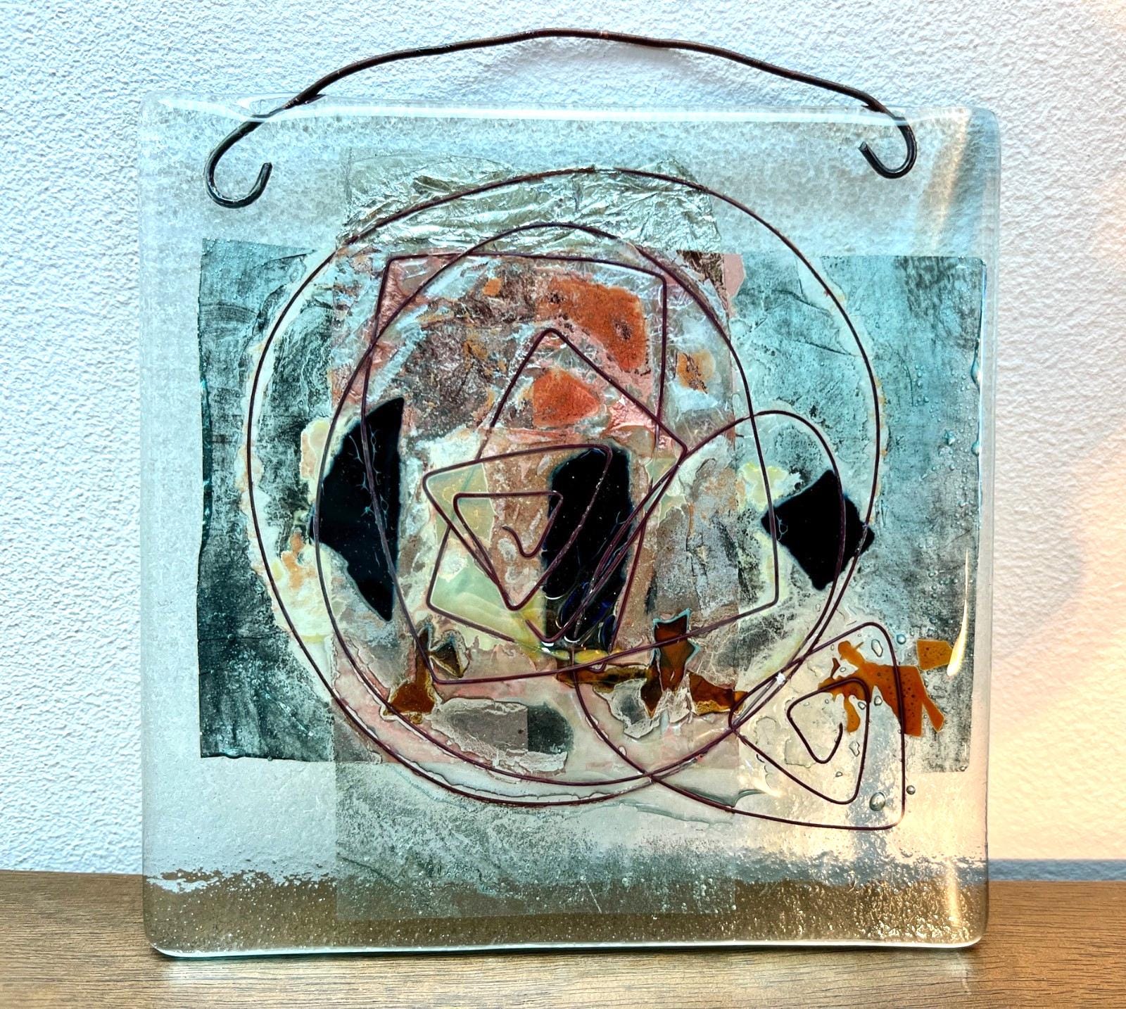 Vintage Abstract Fused Glass Art Panel Hanging Modernist Studio Glass 20cm