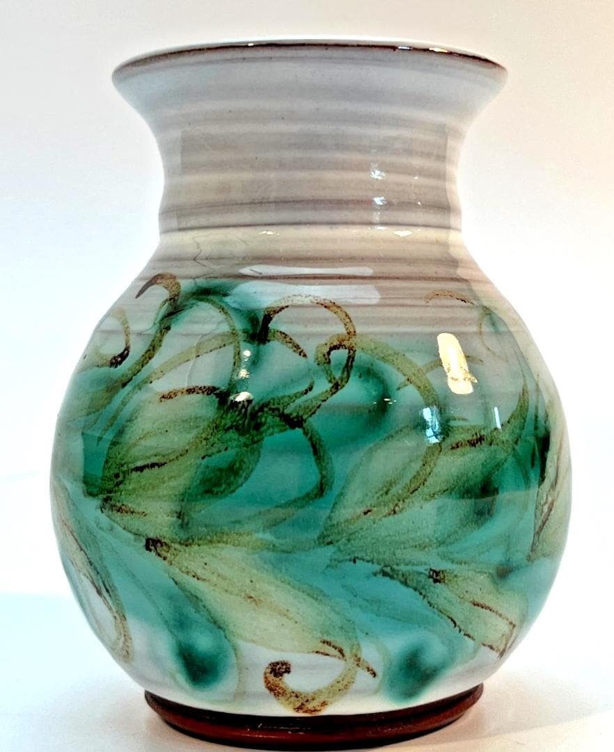 Vintage Skegness Pottery vase 10.5cm green & brown studio art hand painted