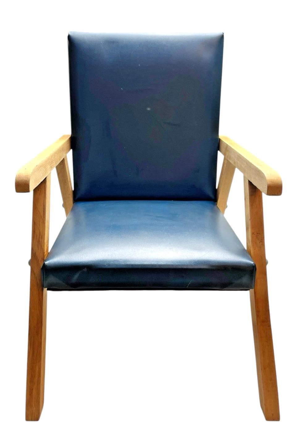 Mid Century Beech & Navy Vinyl Child's Armchair – Retro 1960s Miniature Chair