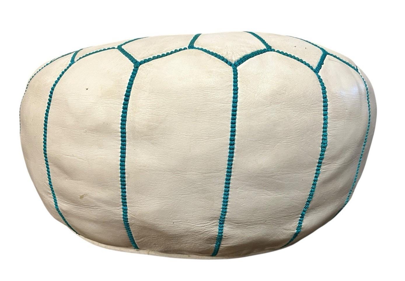 White leather moroccan pouffe 55×35 cm ottoman with turquoise stitching