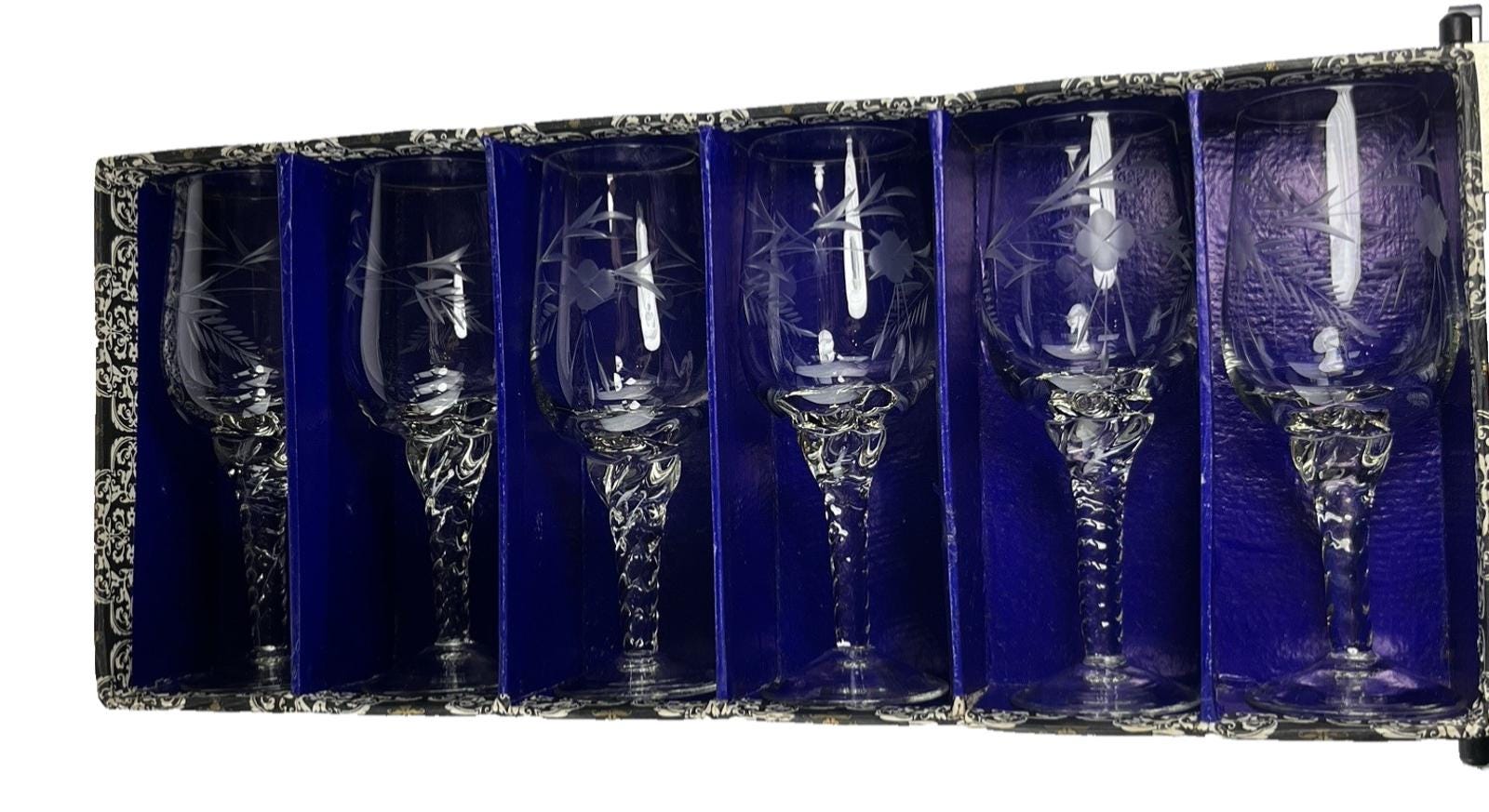 Set 6 Mid Century Etched Cordial Wine Glasses Vintage Stemmed Glassware Boxed