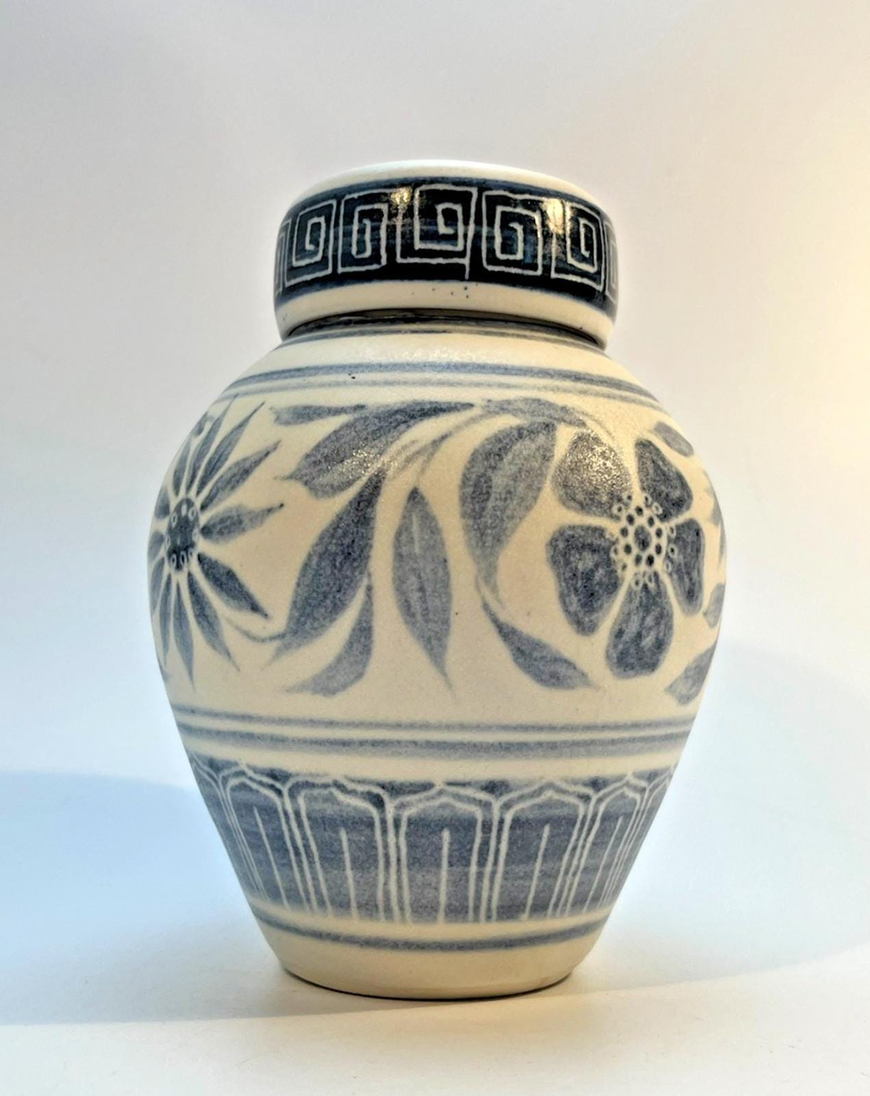 Muriel p wright pottery jar, vintage blue white salt glaze lidded signed 1970s
