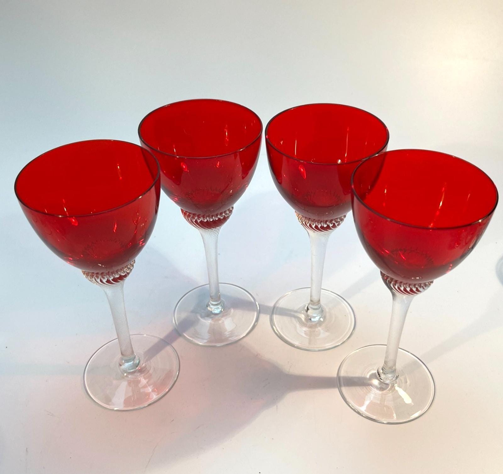 4 Bohemia Red Liquor Glasses Twisted Stem Glasses H14cm Mid Century Drinking VGC