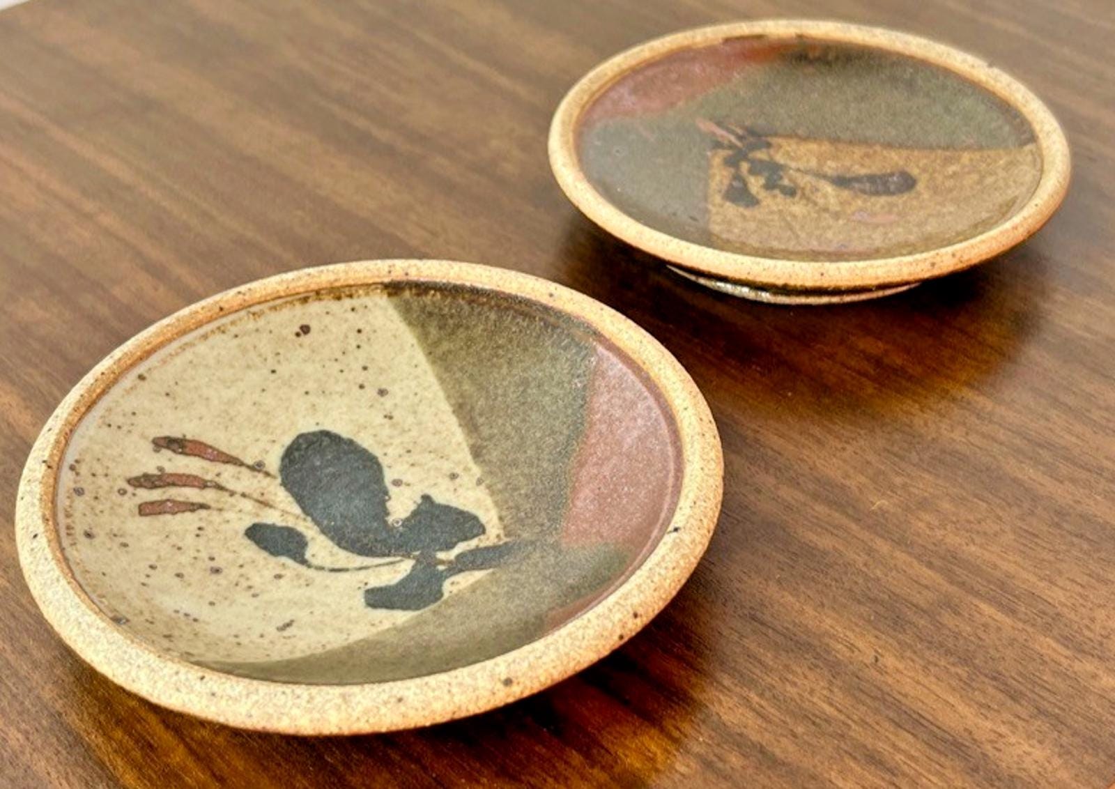 Pair Mid Century Pottery Bowls, Vintage Signed Floral Serving Bowls 10.5cm