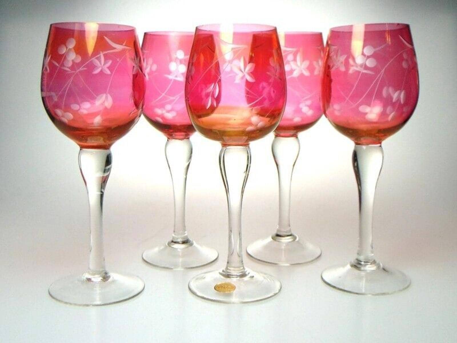 5 Mid Century Crystal Wine Glasses in Cranberry Glass with Etched Floral Detail
