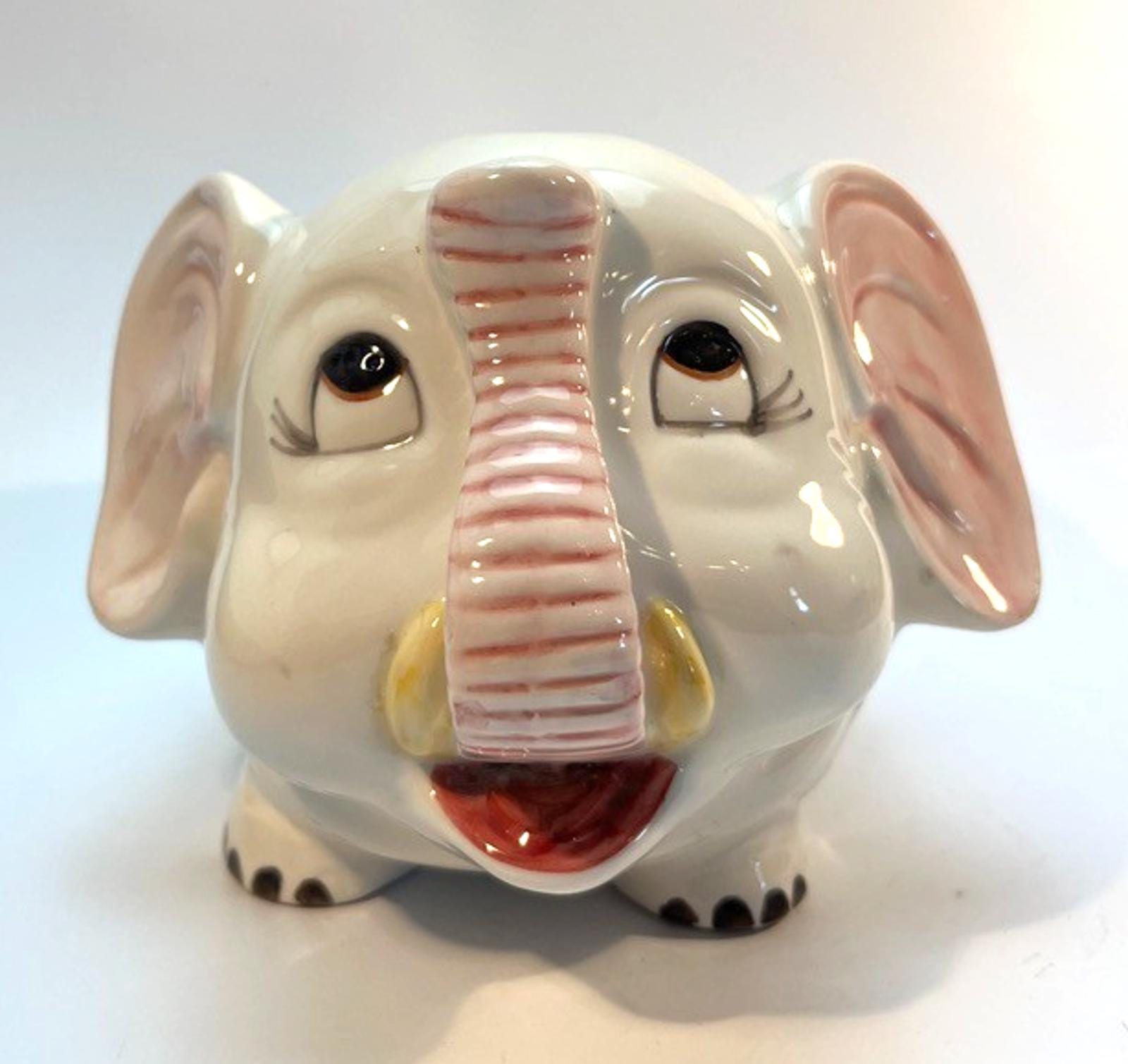 Vintage Ceramic Elephant Planter, Hand Painted Kitsch Plant Pot Figurine 20cm