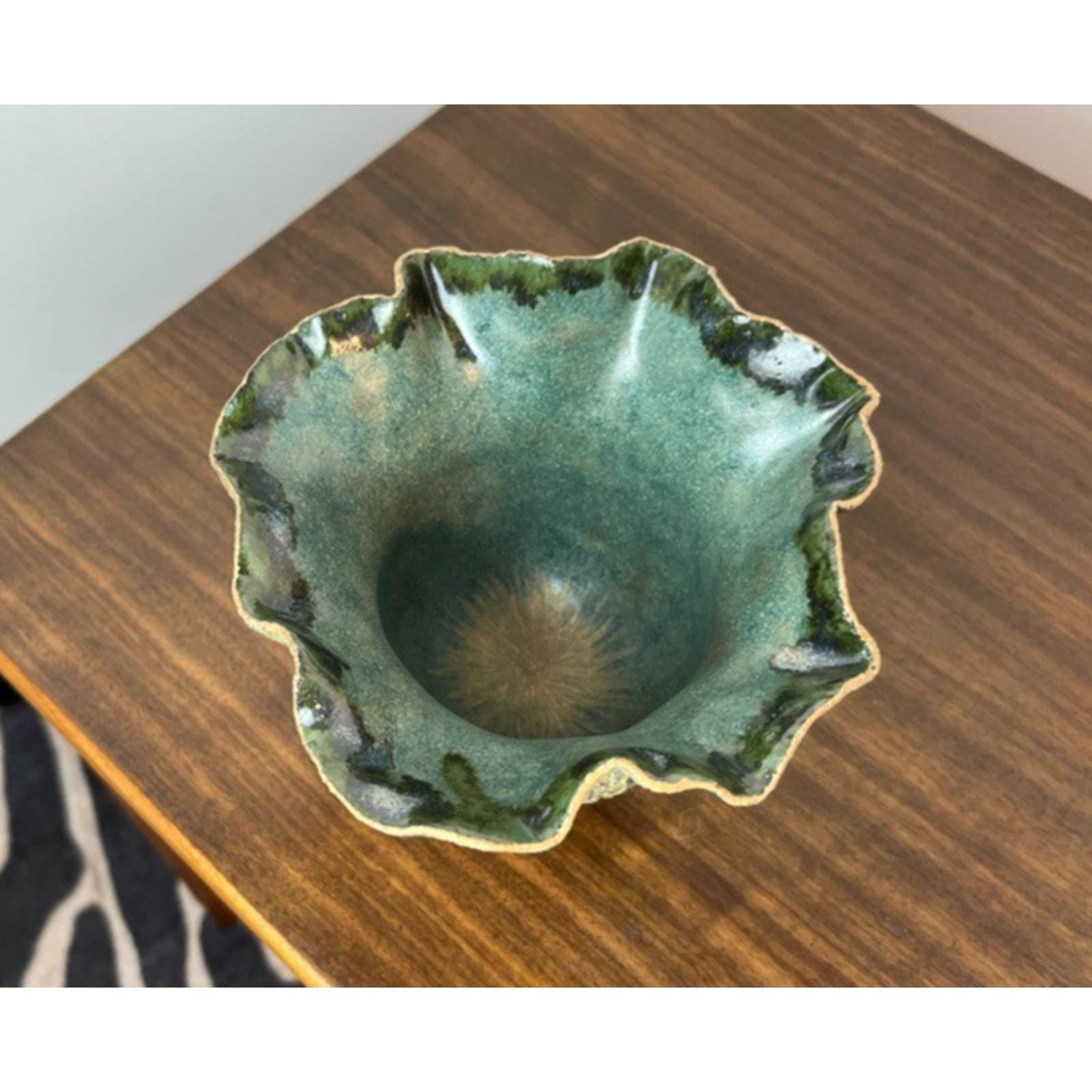 Signed handmade ikebana vase, vintage handkerchief pottery vase green sculptural