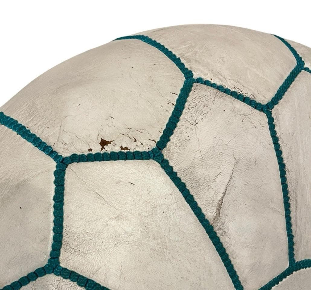 White leather moroccan pouffe 55×35 cm ottoman with turquoise stitching