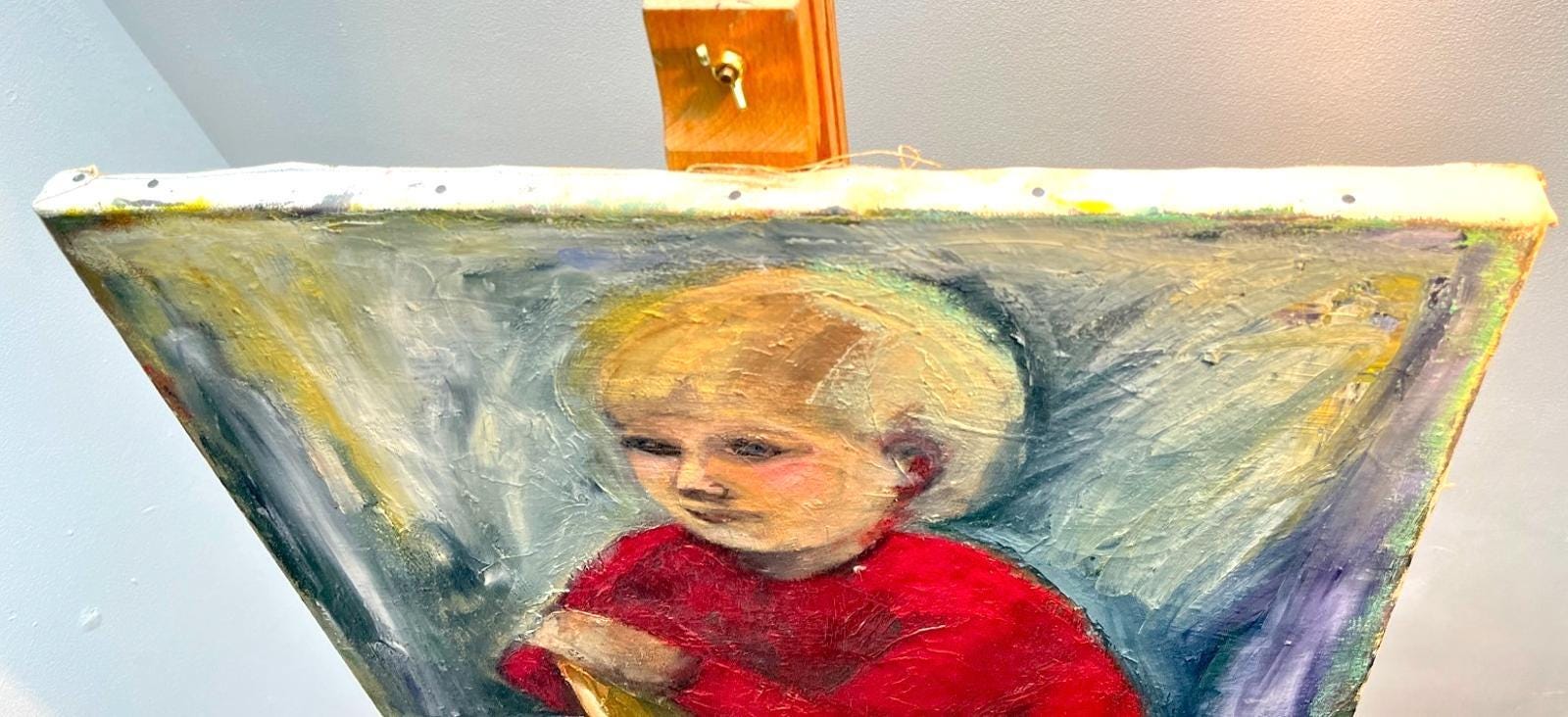 Vintage mid century oil painting child portrait boy in red sweater expressionist