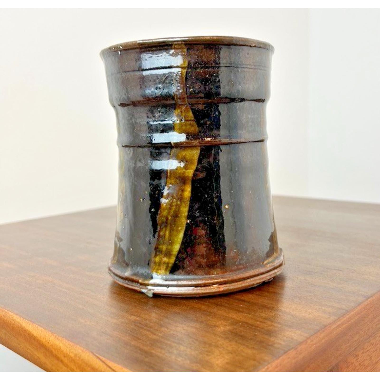 Signed studio pottery vase, gloss brown & olive enamel ceramic, vintage lw 1986
