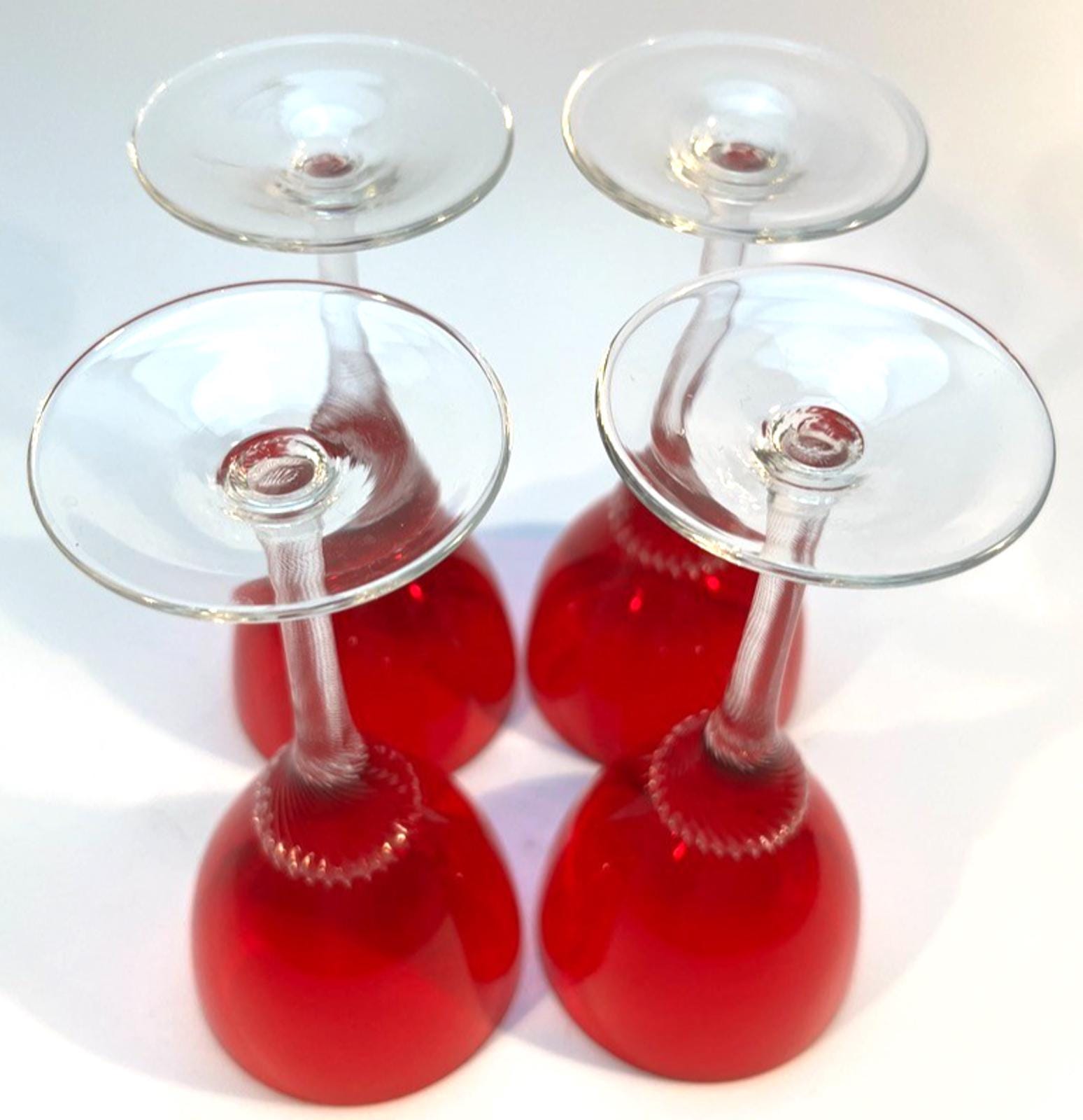 4 Bohemia Red Liquor Glasses Twisted Stem Glasses H14cm Mid Century Drinking VGC