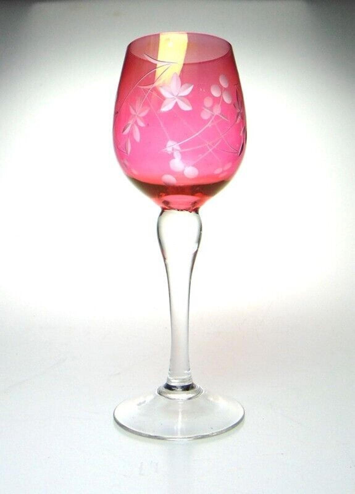 5 Mid Century Crystal Wine Glasses in Cranberry Glass with Etched Floral Detail