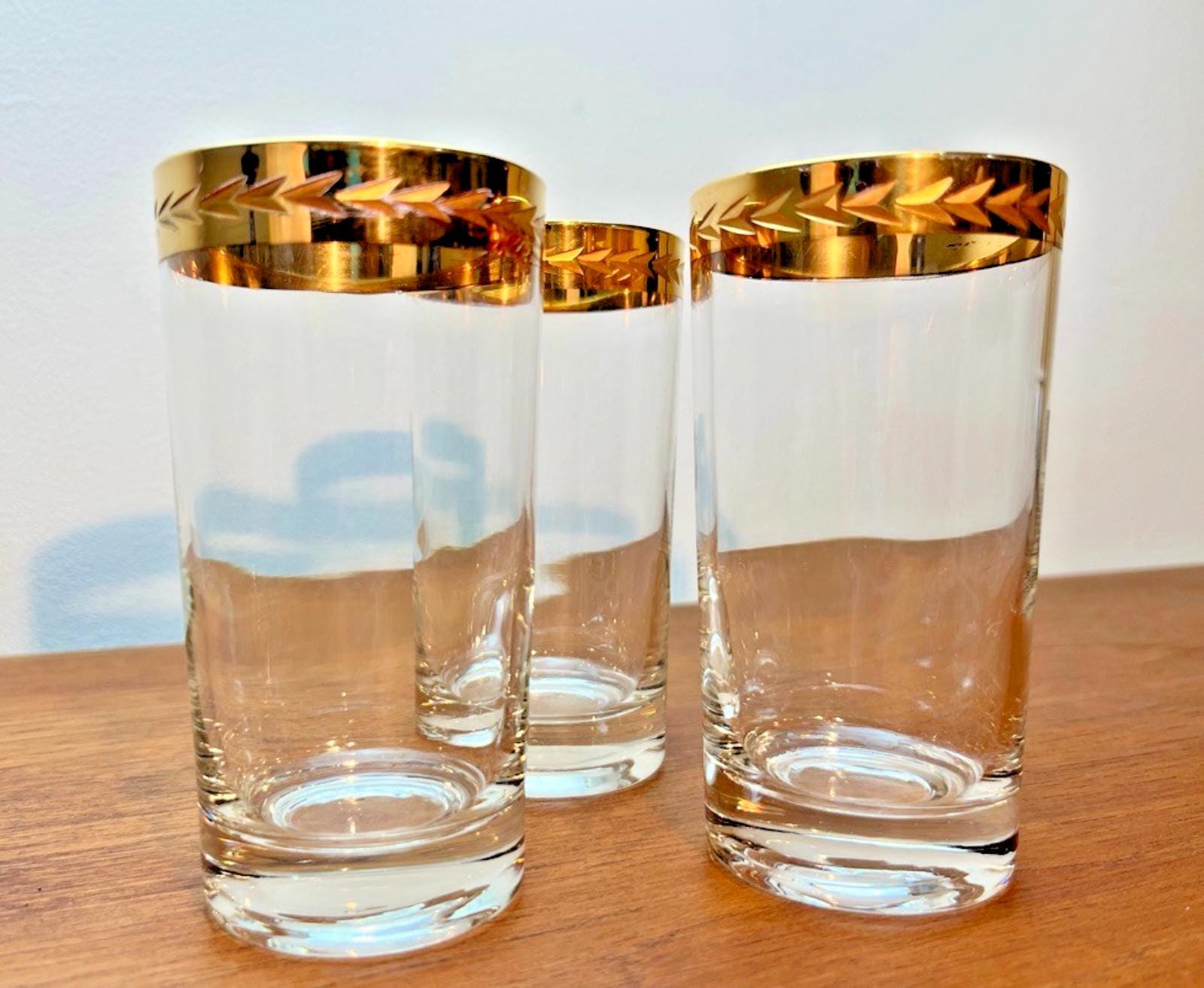Set of 3 Vintage Retro Highball Glasses with 22ct Style Gold Rim, Barware