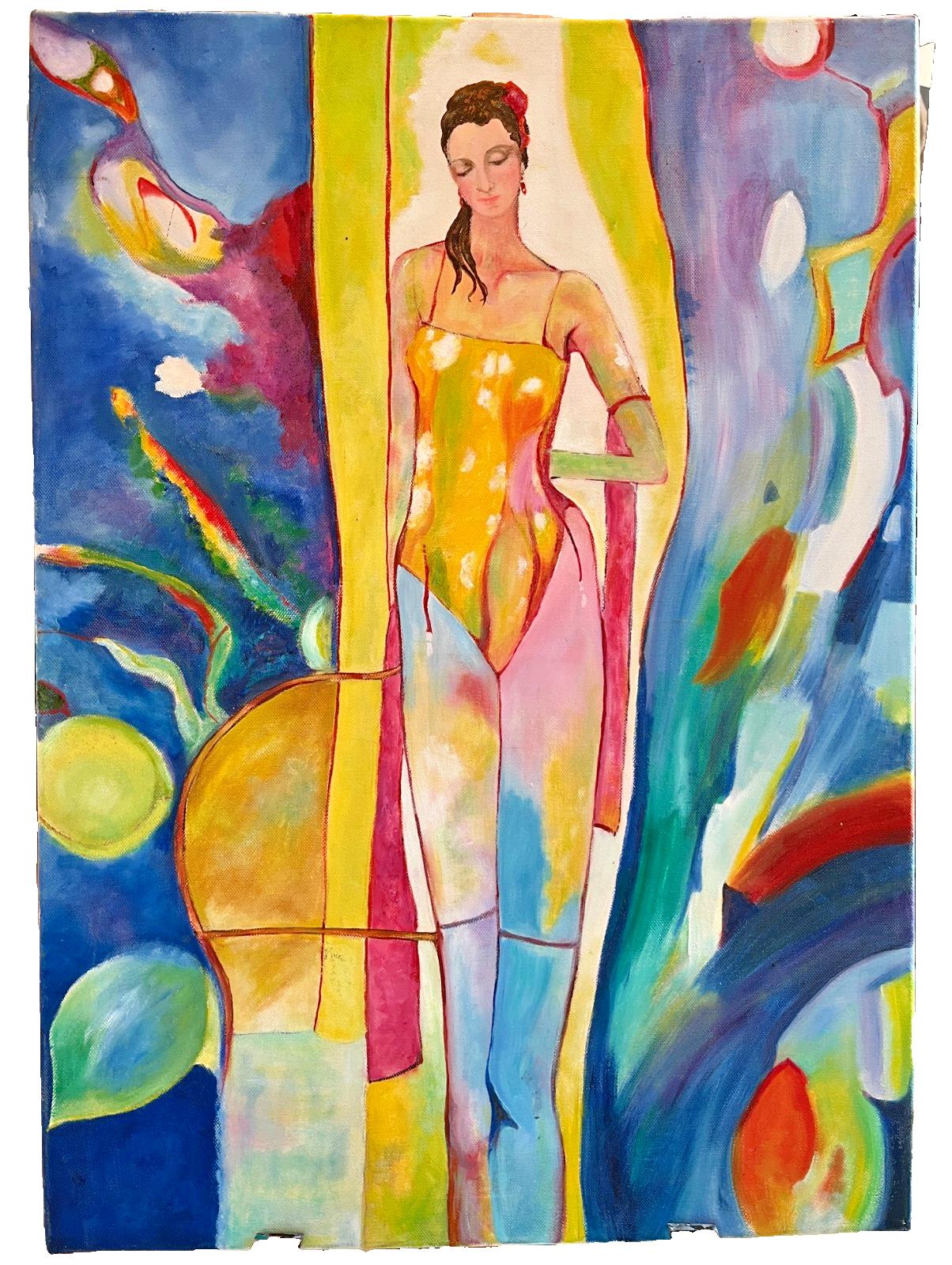 Abstract Acrylic on Canvas Painting of Woman Brightly Painted Woman in Underwear