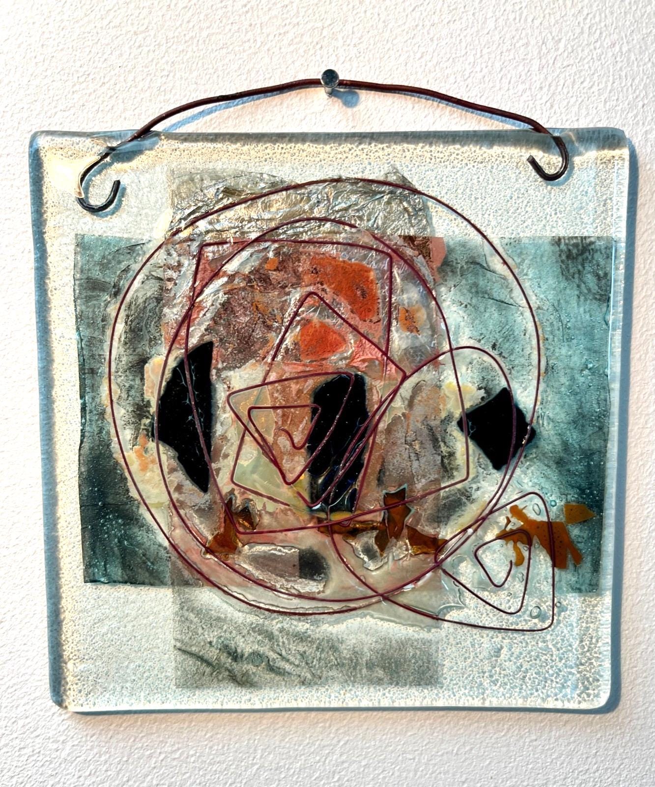 Vintage Abstract Fused Glass Art Panel Hanging Modernist Studio Glass 20cm