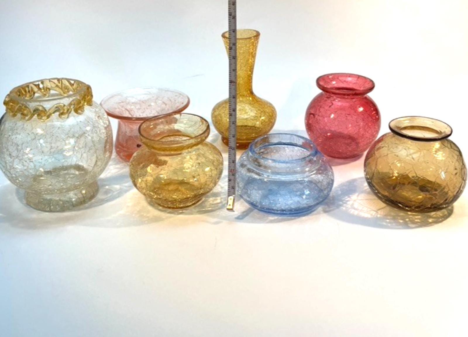 Vintage Crackle Glass Collection: Amber & Blue Jugs, Bowls, Dish (16 Piece Set