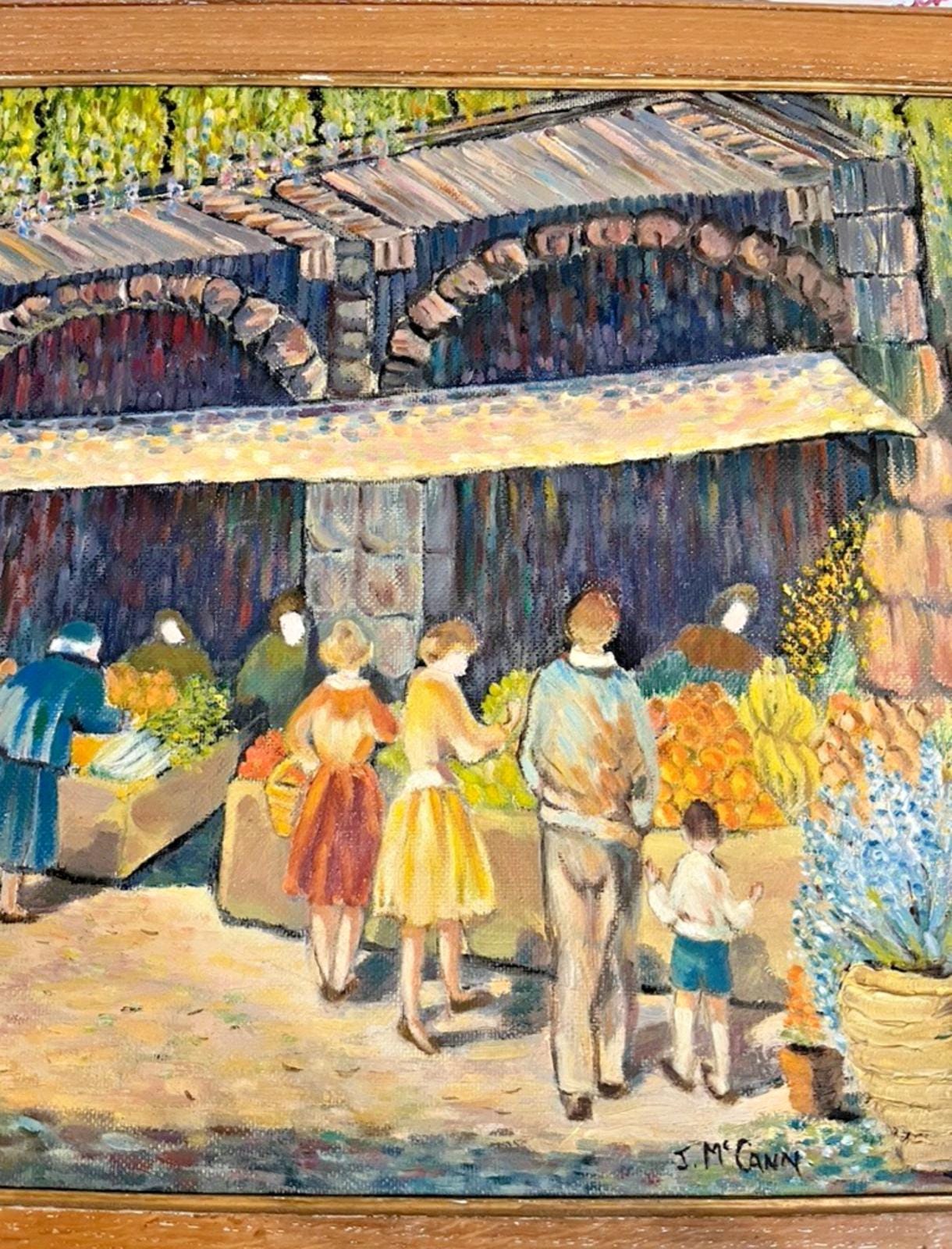 Vintage Oil Painting J McCann Market Scene Fruit Veg Stall Framed 65x57cm