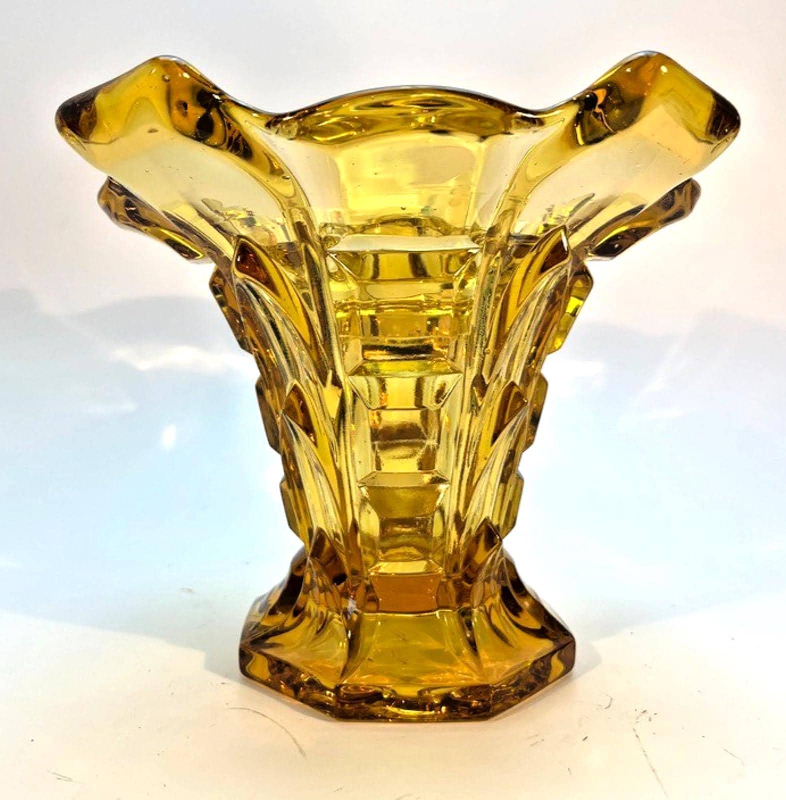 Art Deco Amber Glass Vase with Glass Frog