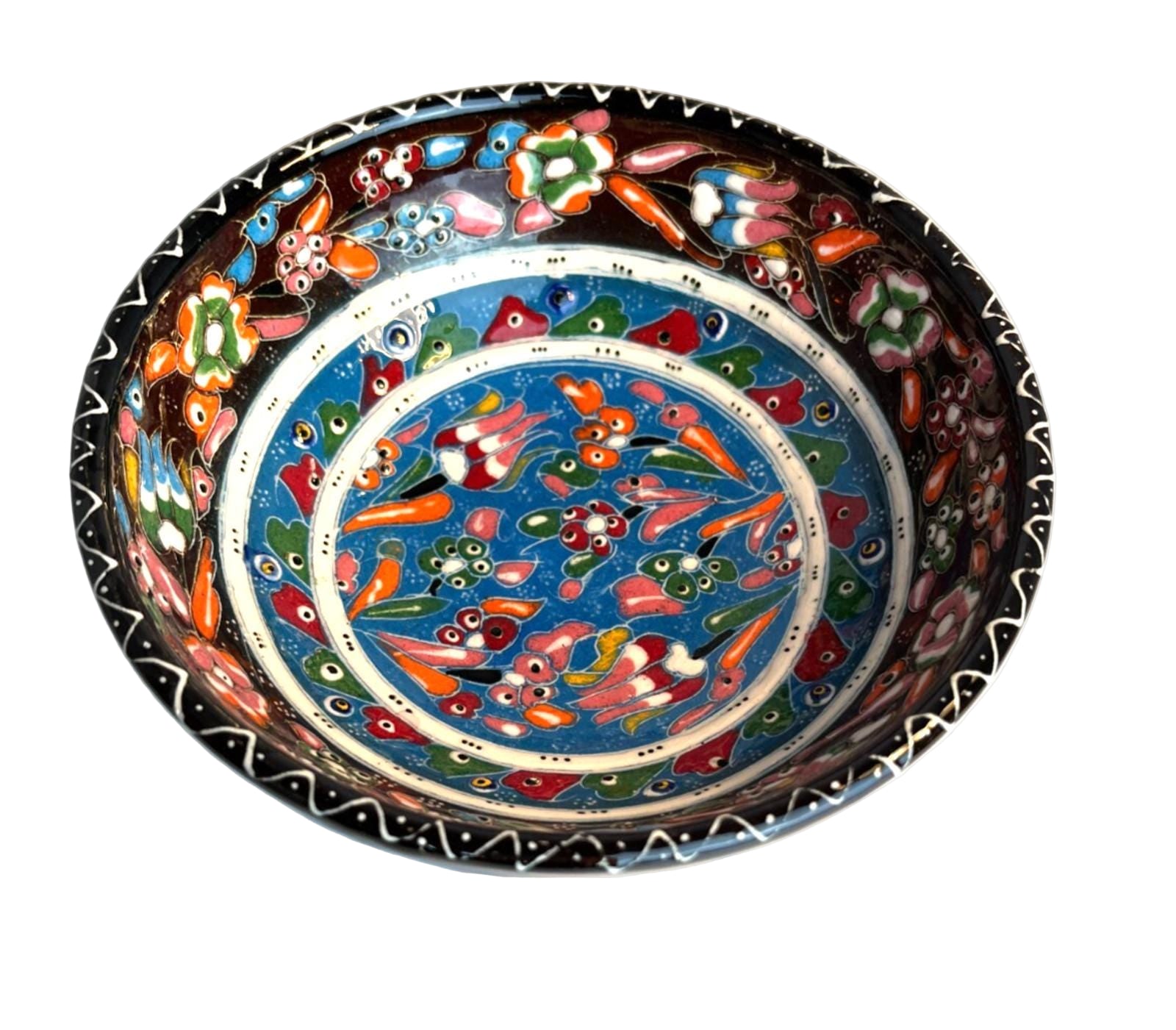 Vintage Turkish Hand Painted Floral Ceramic Pottery Bowl Trinket Dish W16cm H6cm