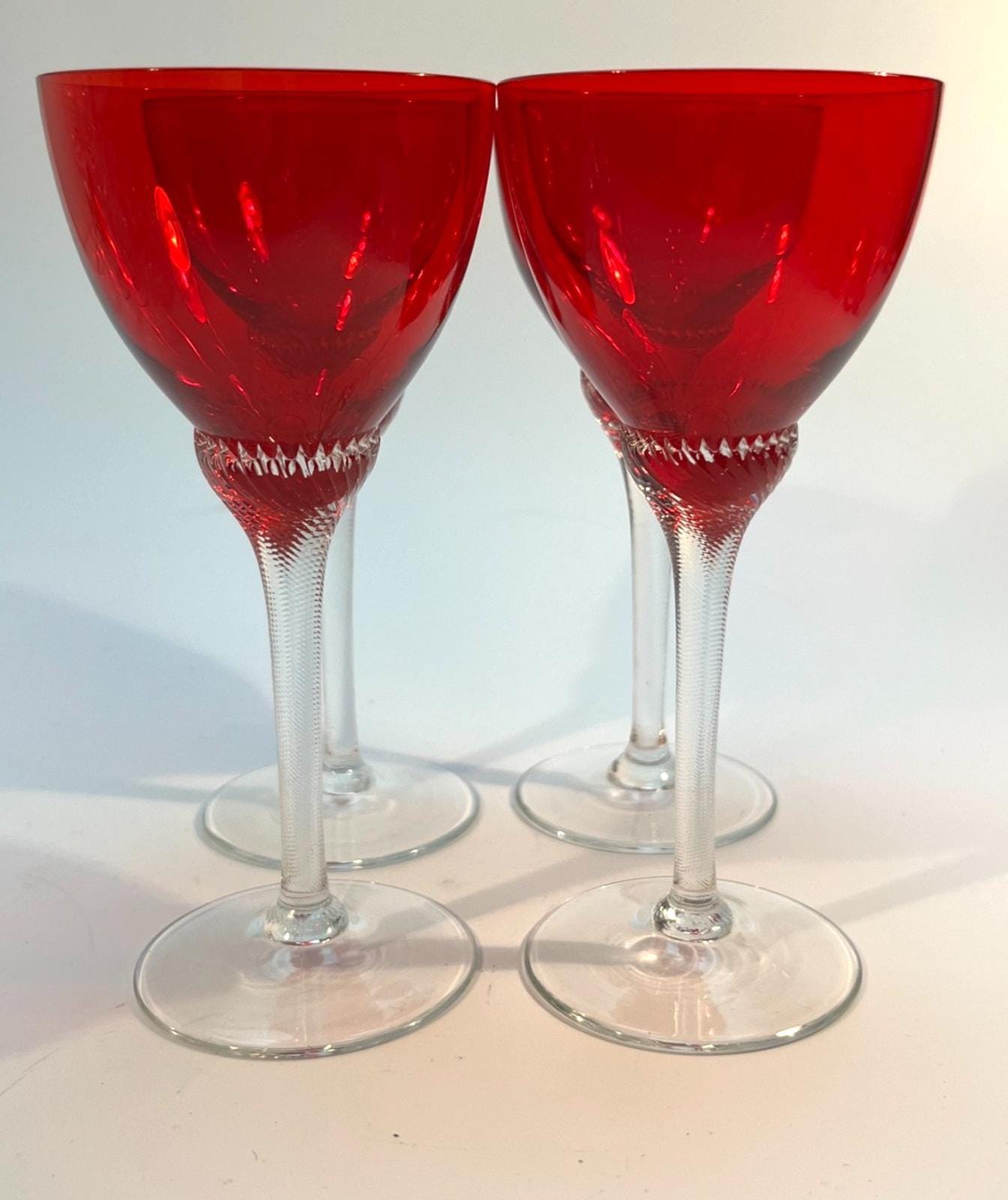 4 Bohemia Red Liquor Glasses Twisted Stem Glasses H14cm Mid Century Drinking VGC