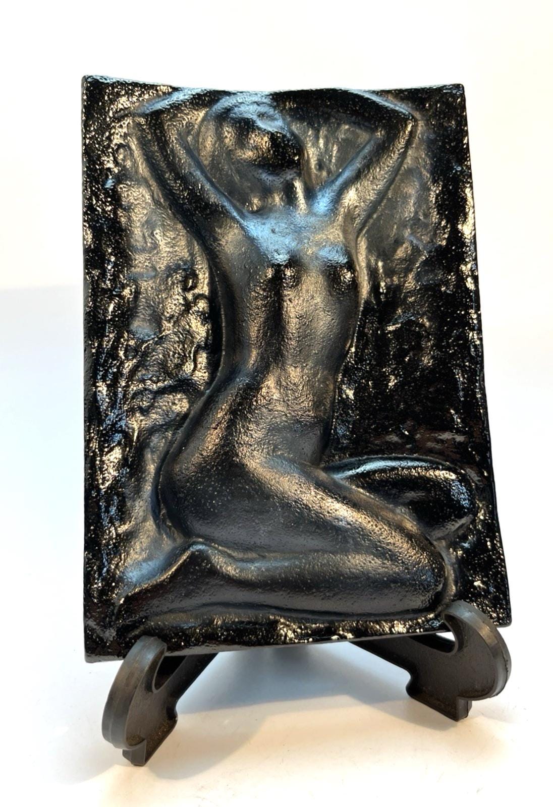 Vintage Nude Woman Plaque Black Ceramic Pottery Art Kneeling Female Figure, 18cm