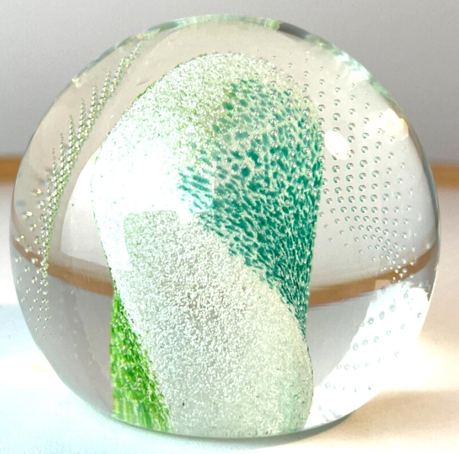 Caithness Glass Paperweight. Green & Clear, Controlled Bubble Art Glass with Box
