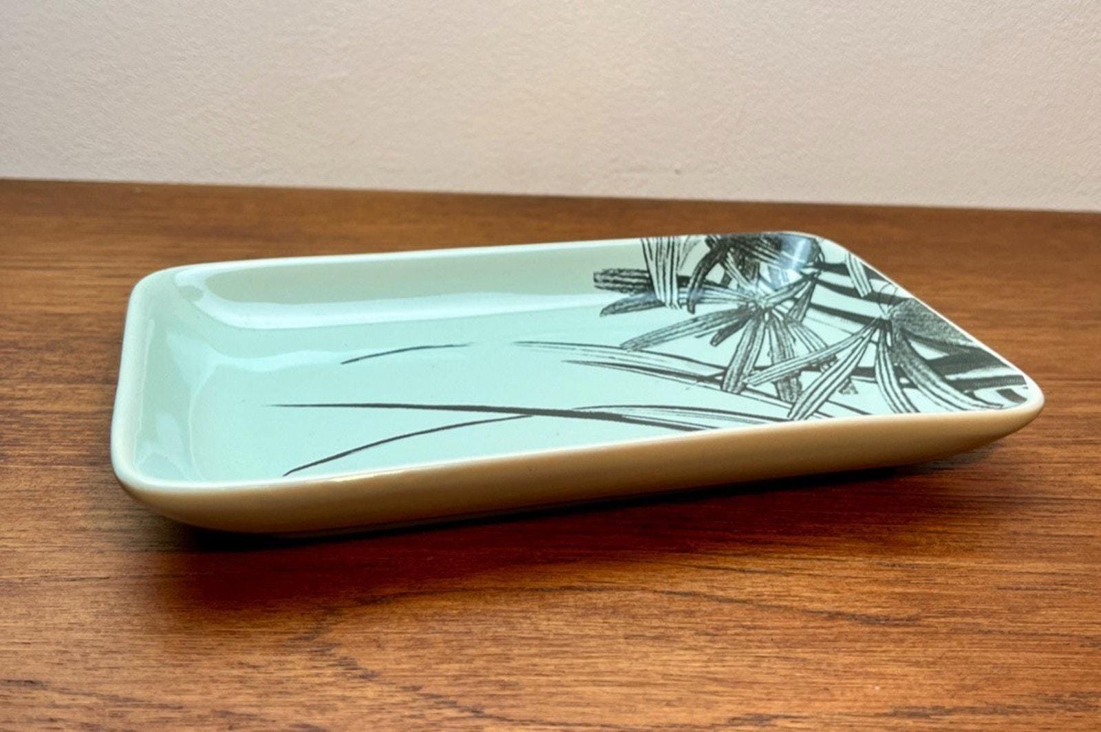 Bloomingville rectangular ceramic tray scandi minimalist mint & black botanical