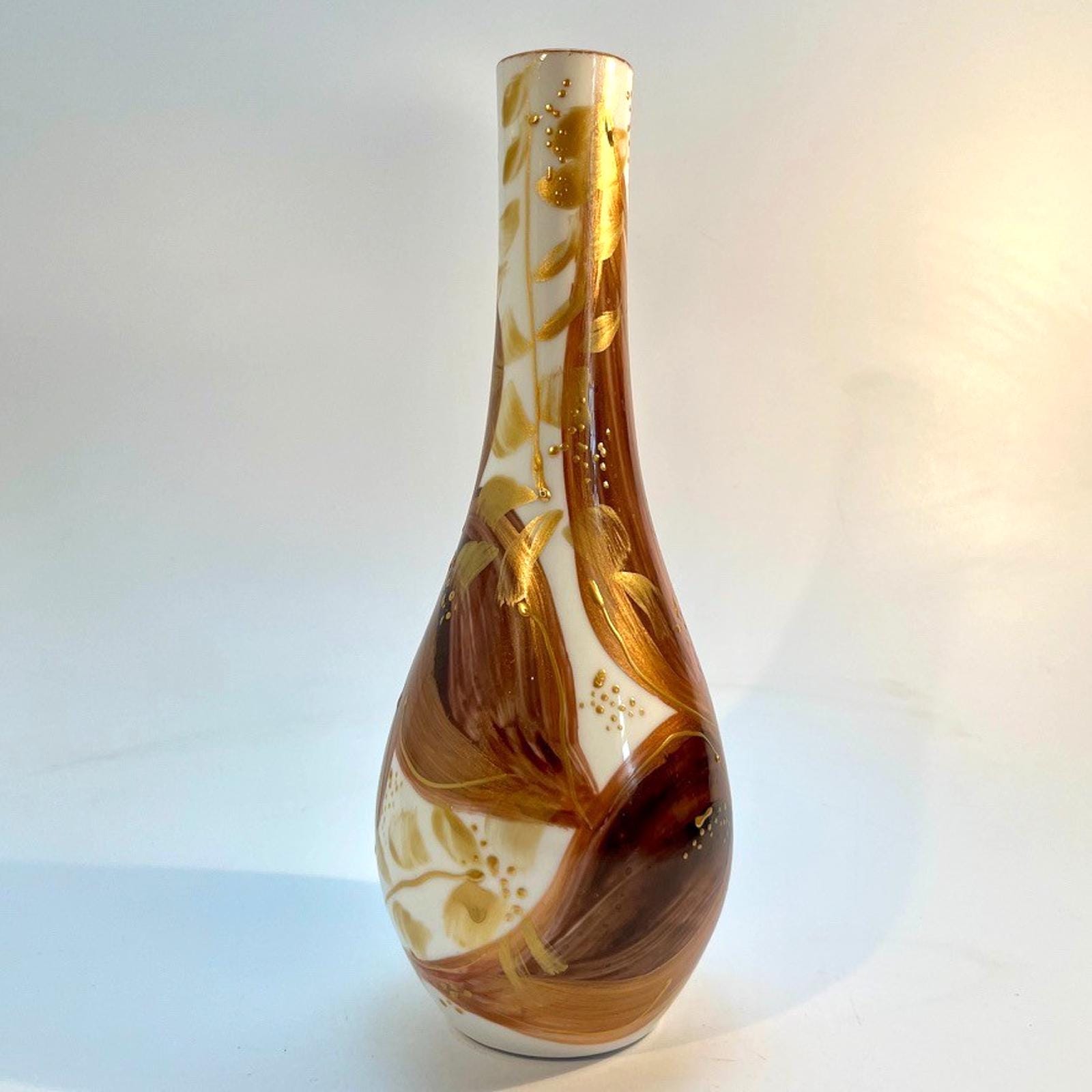 Vintage Hand Decorated Art Glass Vase – Brown & Gold Metallic Enamel, H20cm