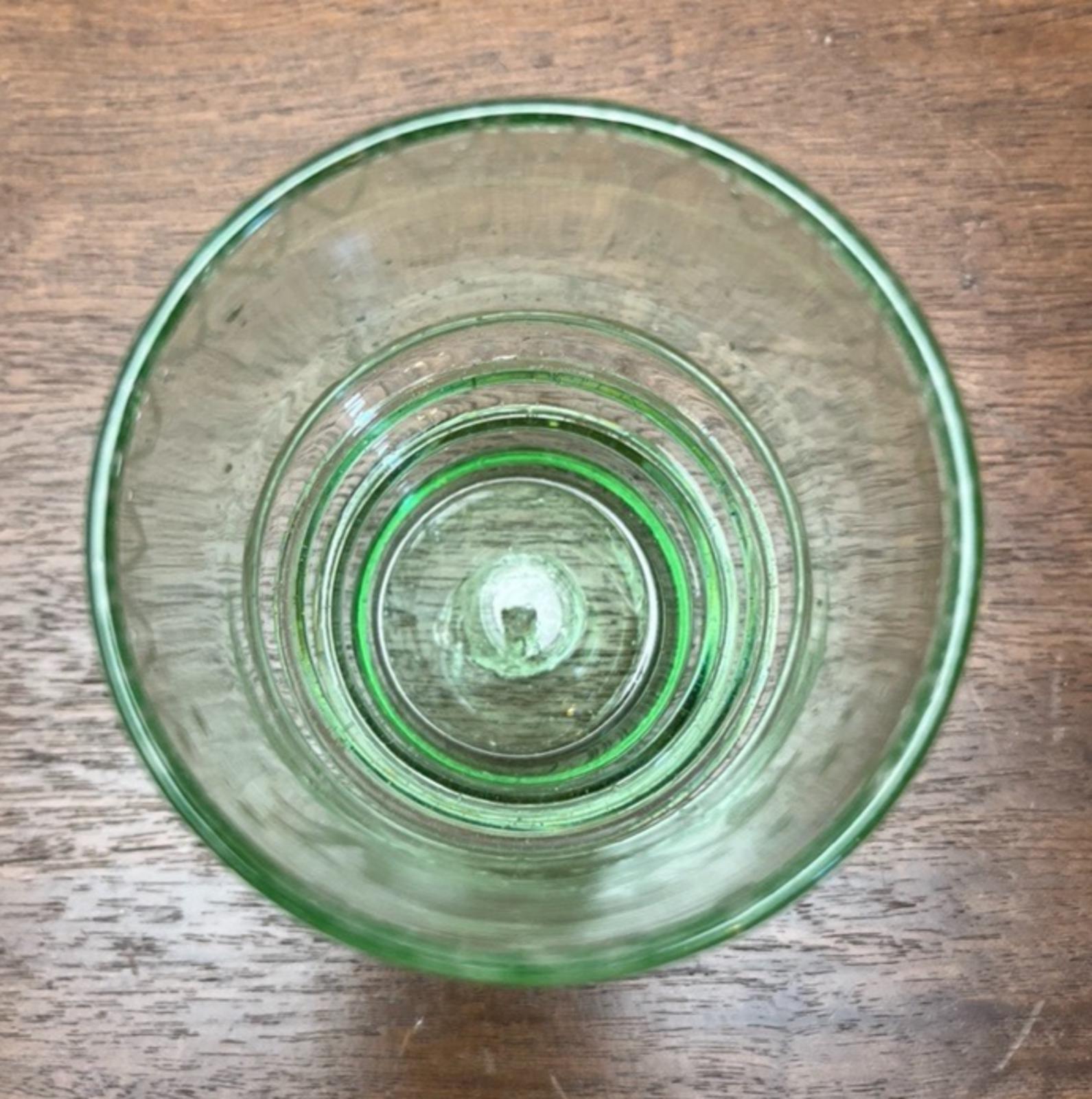 Vintage Green Etched Glass Tumbler – Sailing Ship Motif, Ribbed Base, 10 cm