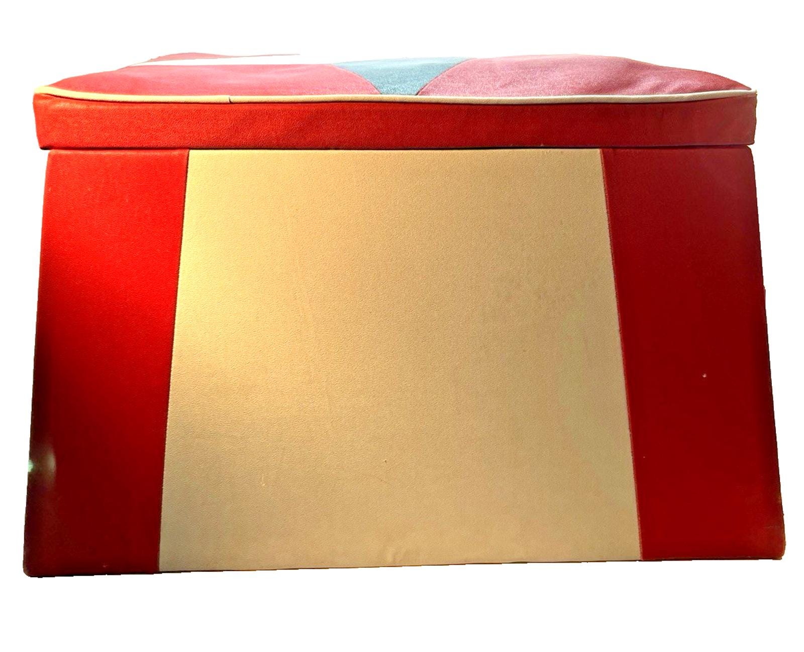 Mid Century Footstool Ottoman Stool Vinyl Red & White with Diamond Pattern Wood