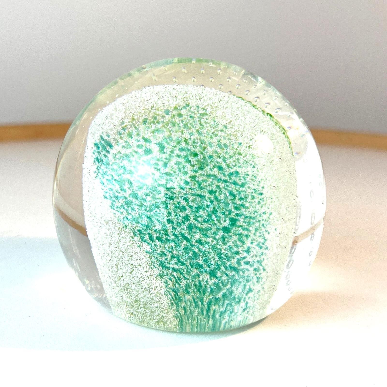 Caithness Glass Paperweight. Green & Clear, Controlled Bubble Art Glass with Box