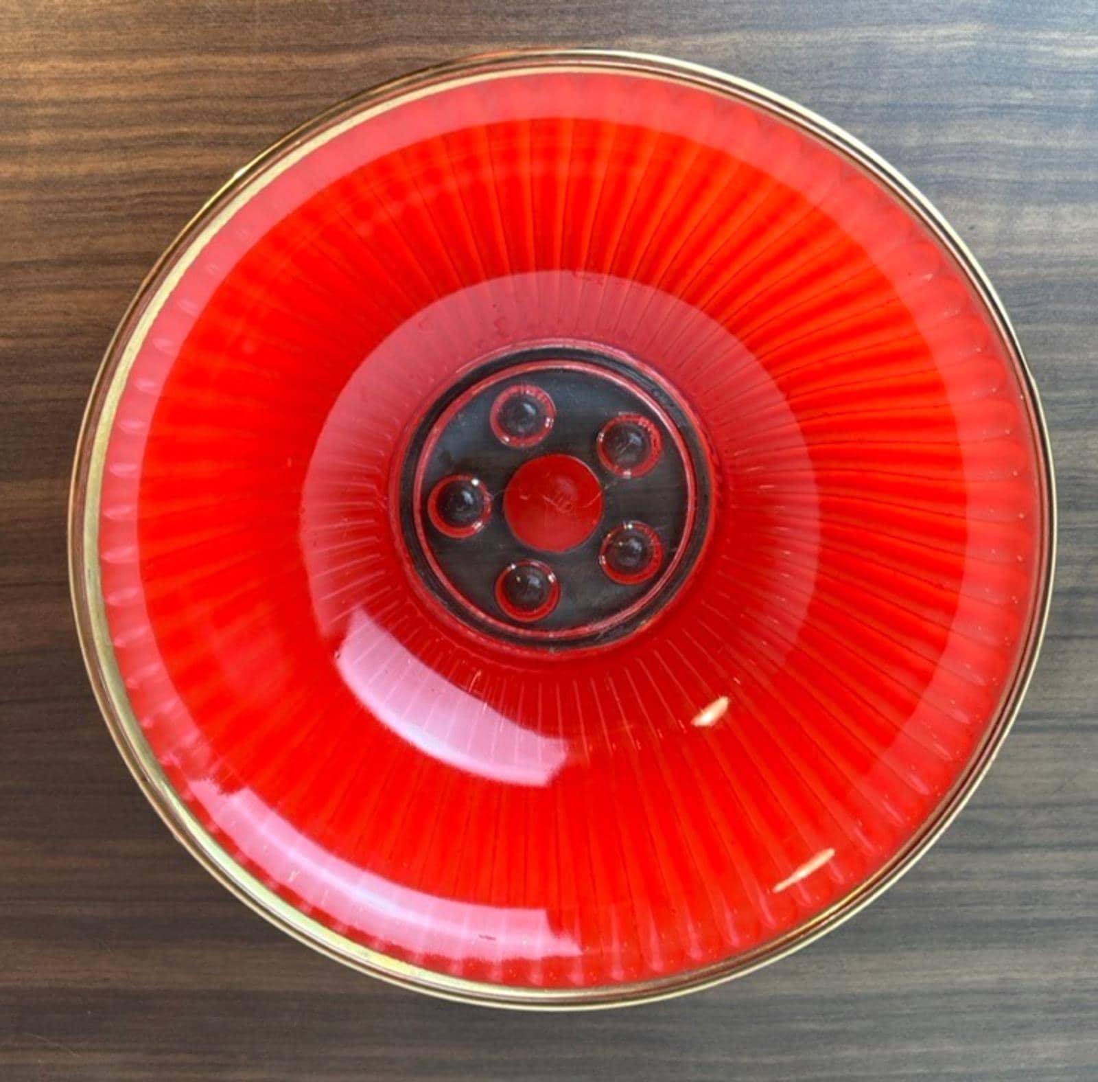 1950s Serving Bowl in Red & Clear Glass. Rippled Glass Pattern