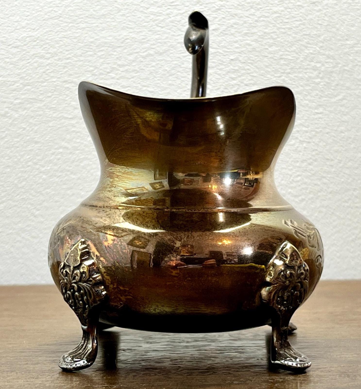 Vintage Silver Plated Cream Jug with Ornate Feet & Handle Mid Century EPNS