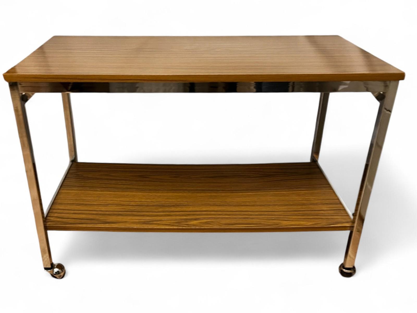 Mid Century Chrome & Teak Effect Side Table / Drinks Trolley on Castors 80cm