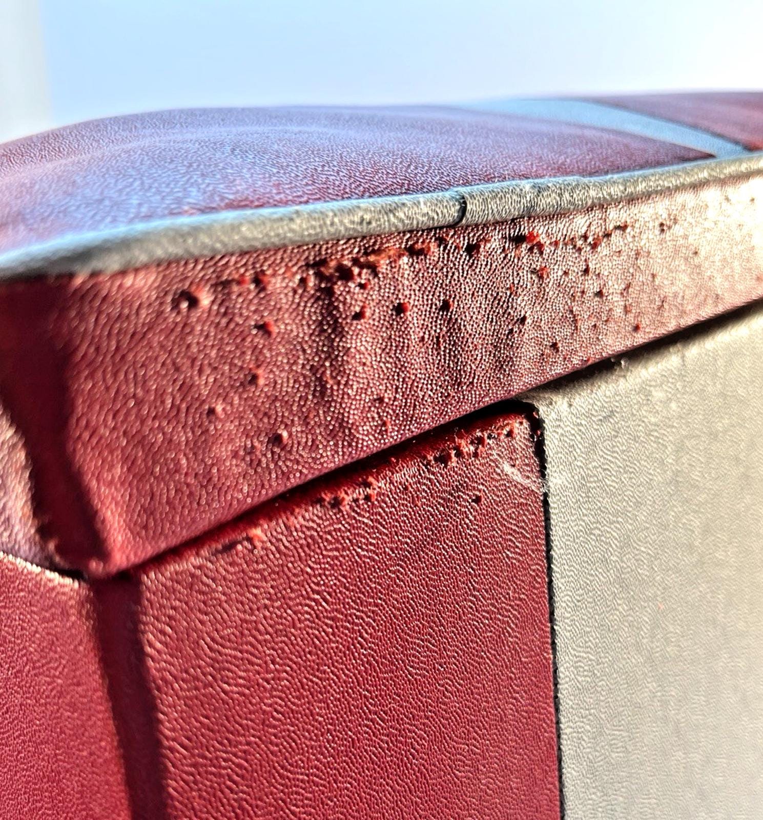Mid Century Footstool Ottoman Stool Vinyl Red & White with Diamond Pattern Wood