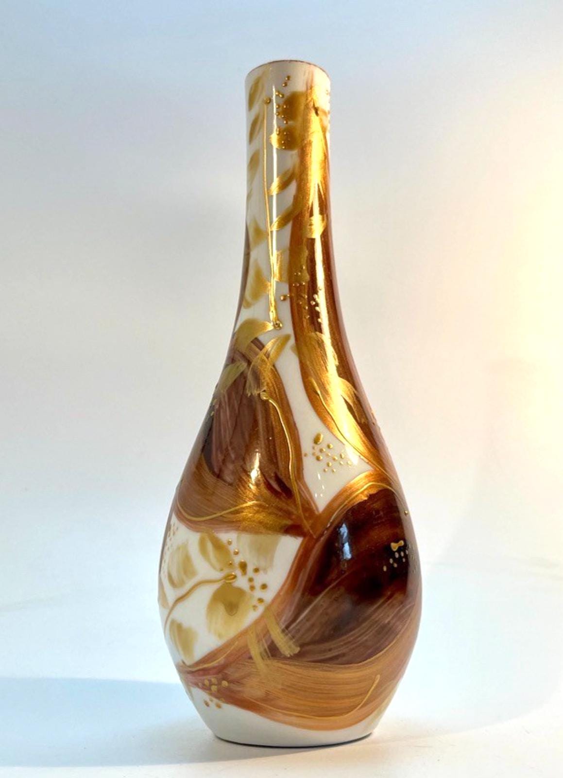 Vintage Hand Decorated Art Glass Vase – Brown & Gold Metallic Enamel, H20cm