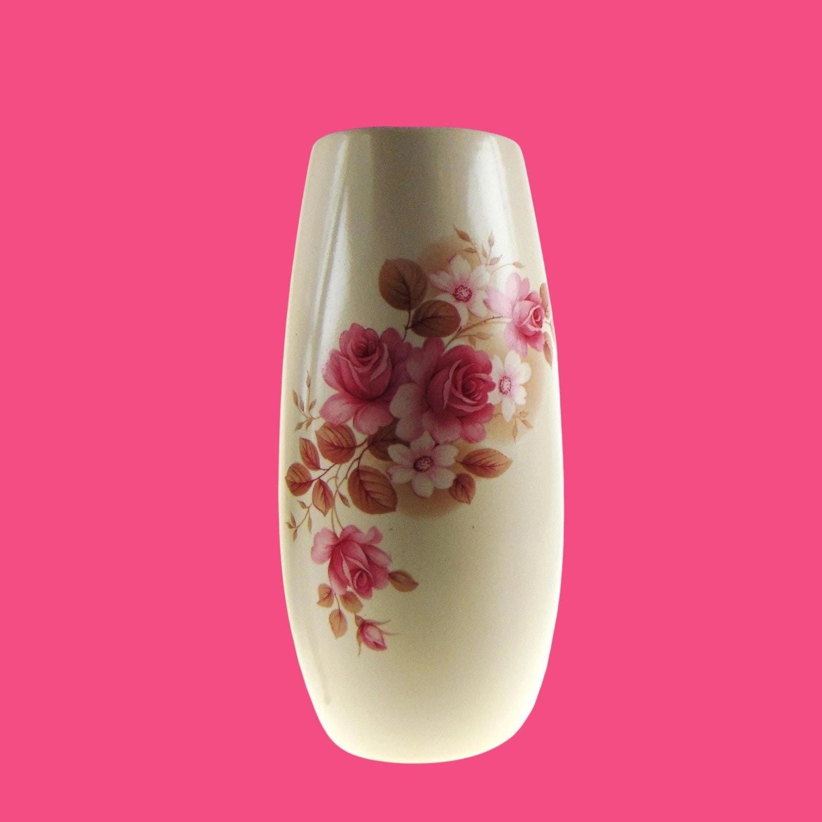 Vintage New Devon Pottery Vase – 1950s Pink & Cream Floral Ceramic Flower Vase