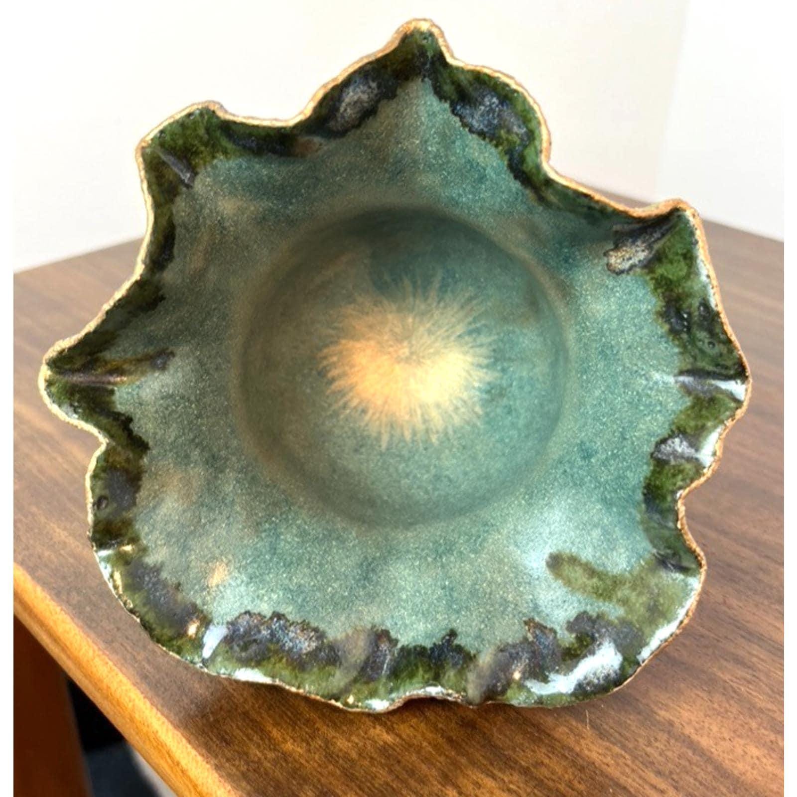Signed handmade ikebana vase, vintage handkerchief pottery vase green sculptural