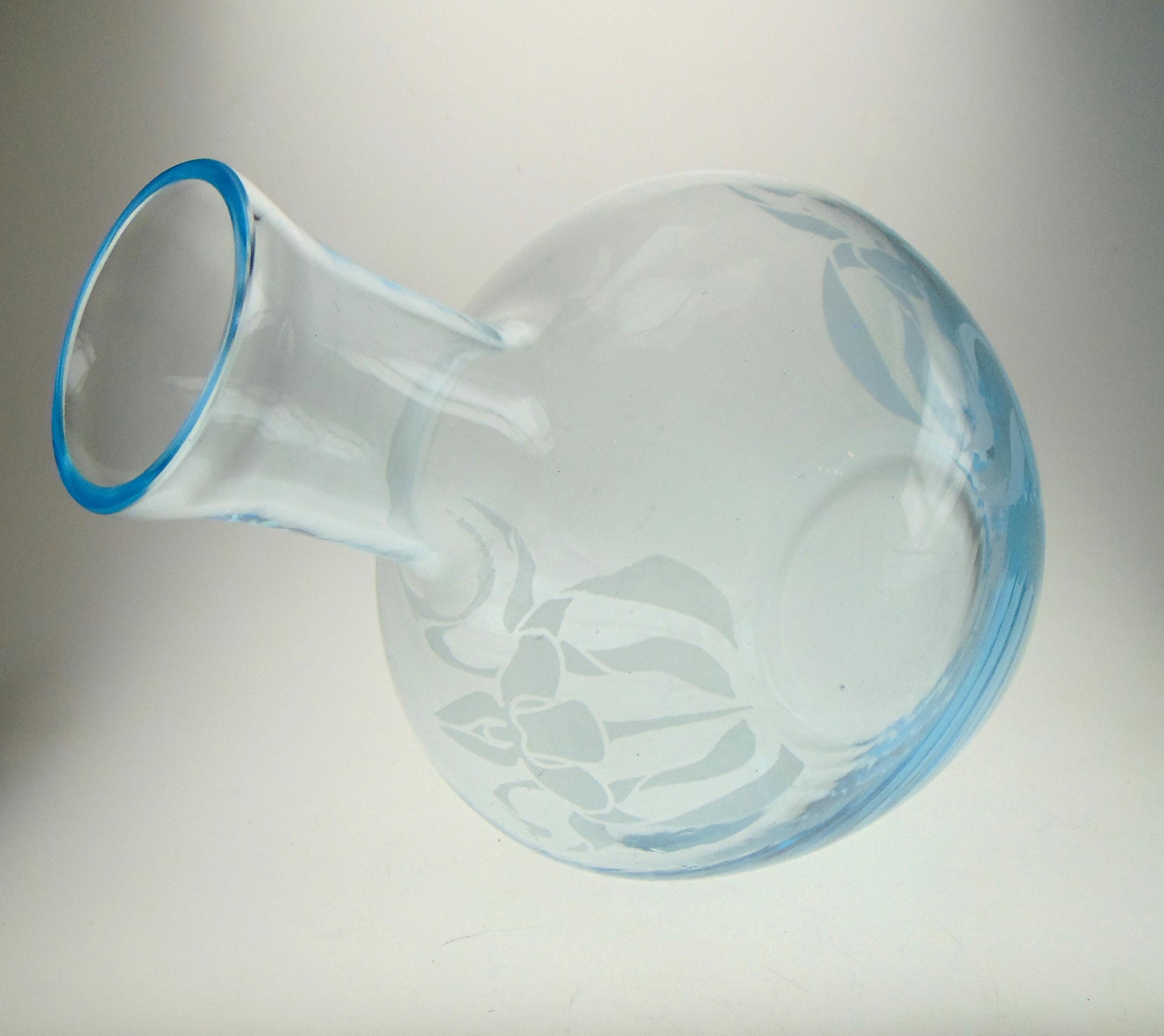Vintage Ice Blue Glass Flower Vase: Acid Etched Floral Motif