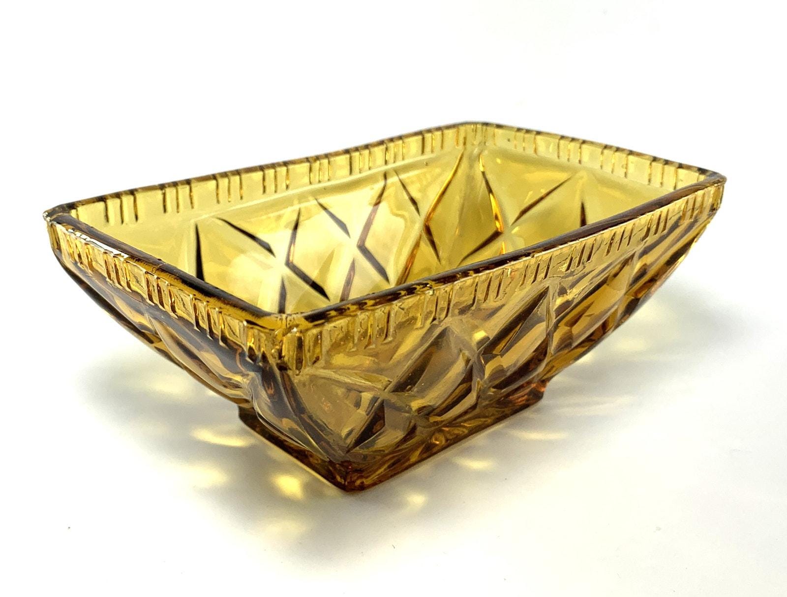 Amber Glass Decorative Bowl in Pale Amber. Depression Glass Dish, Pressed Glass